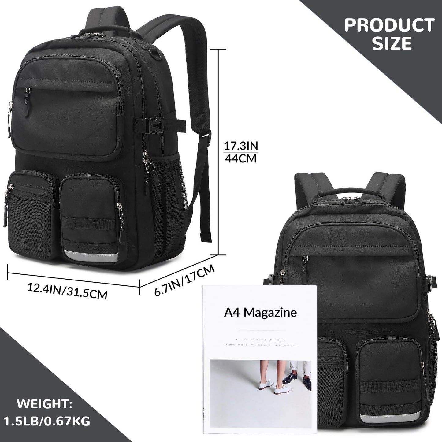 Lohol Water Resistant Backpack with Multifunctional Pockets for Teens, Durable Bookbag fits 15.6 inch Laptop, Black, 17.3 x 12.4 x 6.7 inches