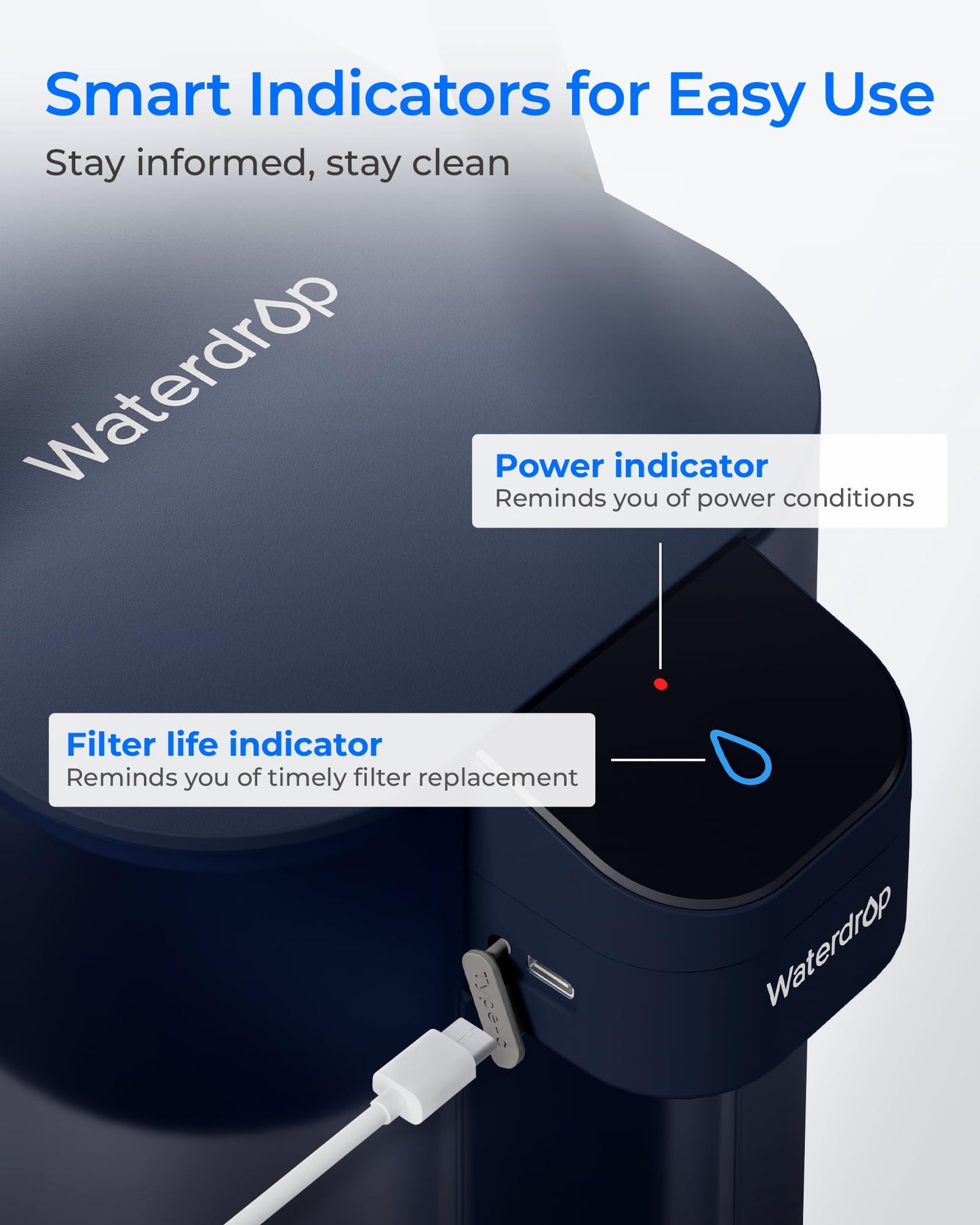 Waterdrop Electric Water Filter Pitcher, Rechargeable 200-Gallon Water Dispenser, Instant 15-Cup Countertop System, NSF/ANSI 42&372, Reduce PFAS, Lead, Chlorine, Navy Blue