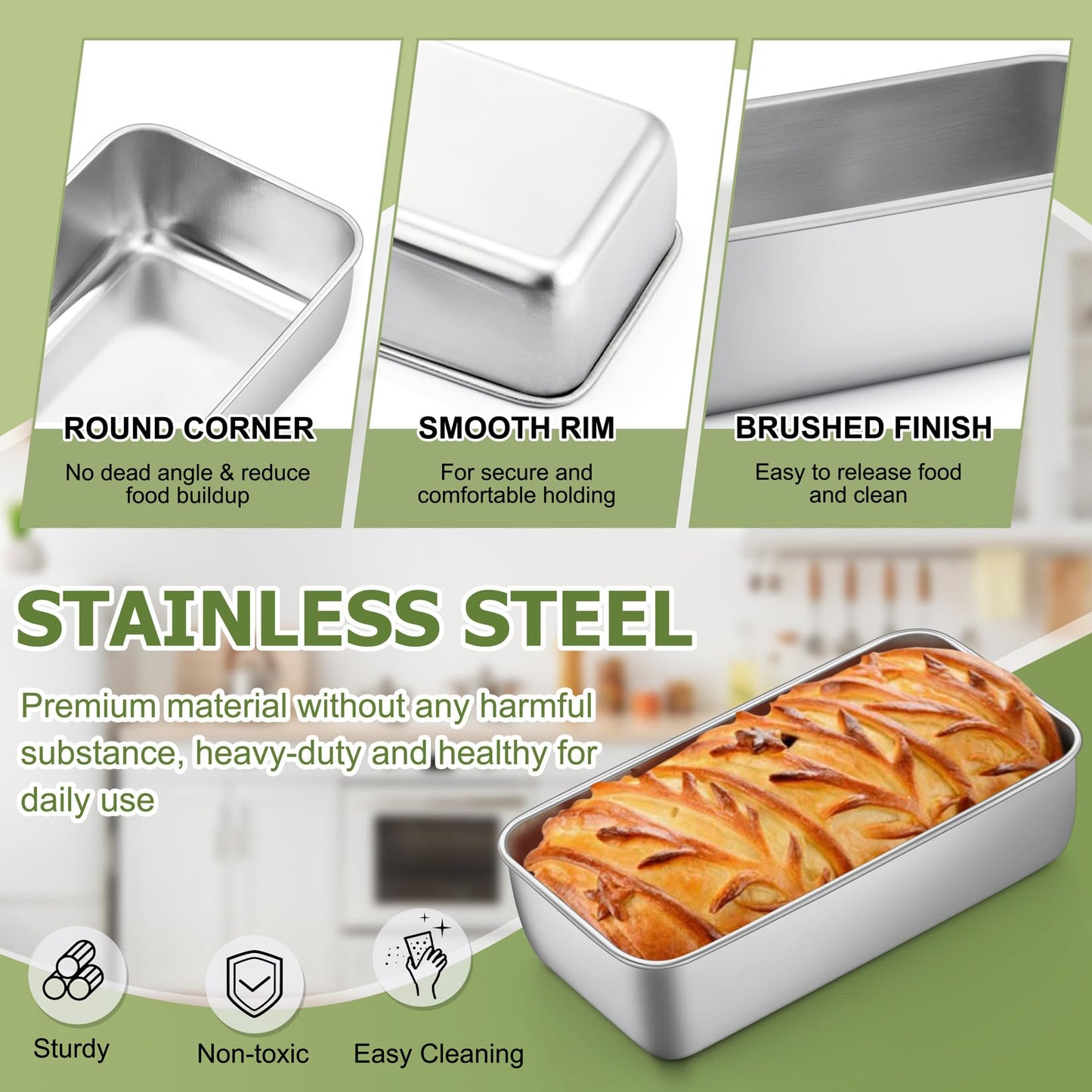 P&P CHEF Loaf Pan Set, 9-inch Bread Pans, Stainless Steel Loaf Toast Baking Pans for Bread Meatloaf Lasagna Cake, Healthy & Non Toxic, Oven & Dishwasher Safe, (Silver, 4Pcs)