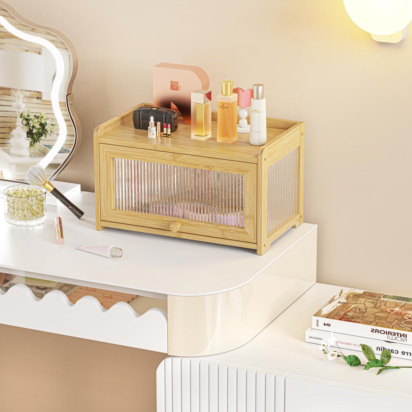 BAMBANG Extra Large Bamboo Bread Box for Kitchen Counter, Bread Storage Container Farmhouse Bread Box with 3 Sides Wavy & Back Clear Window, Breadbox Bread Bin Holder for Homemade Bread, Natural