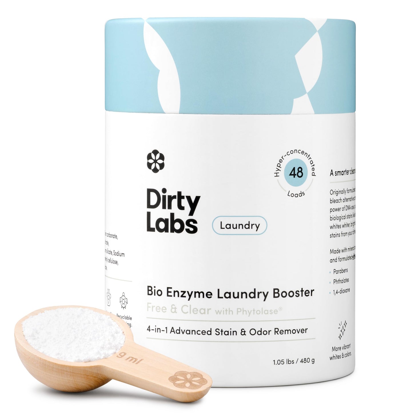 Dirty Labs | Scent Free | Bio Enzyme Laundry Booster | 48 Loads (1 lb) | Hyper Concentrated | High Efficiency & Standard Machine Washer | Nontoxic, Biodegradable | Stain & Odor Removal Enzyme Booster