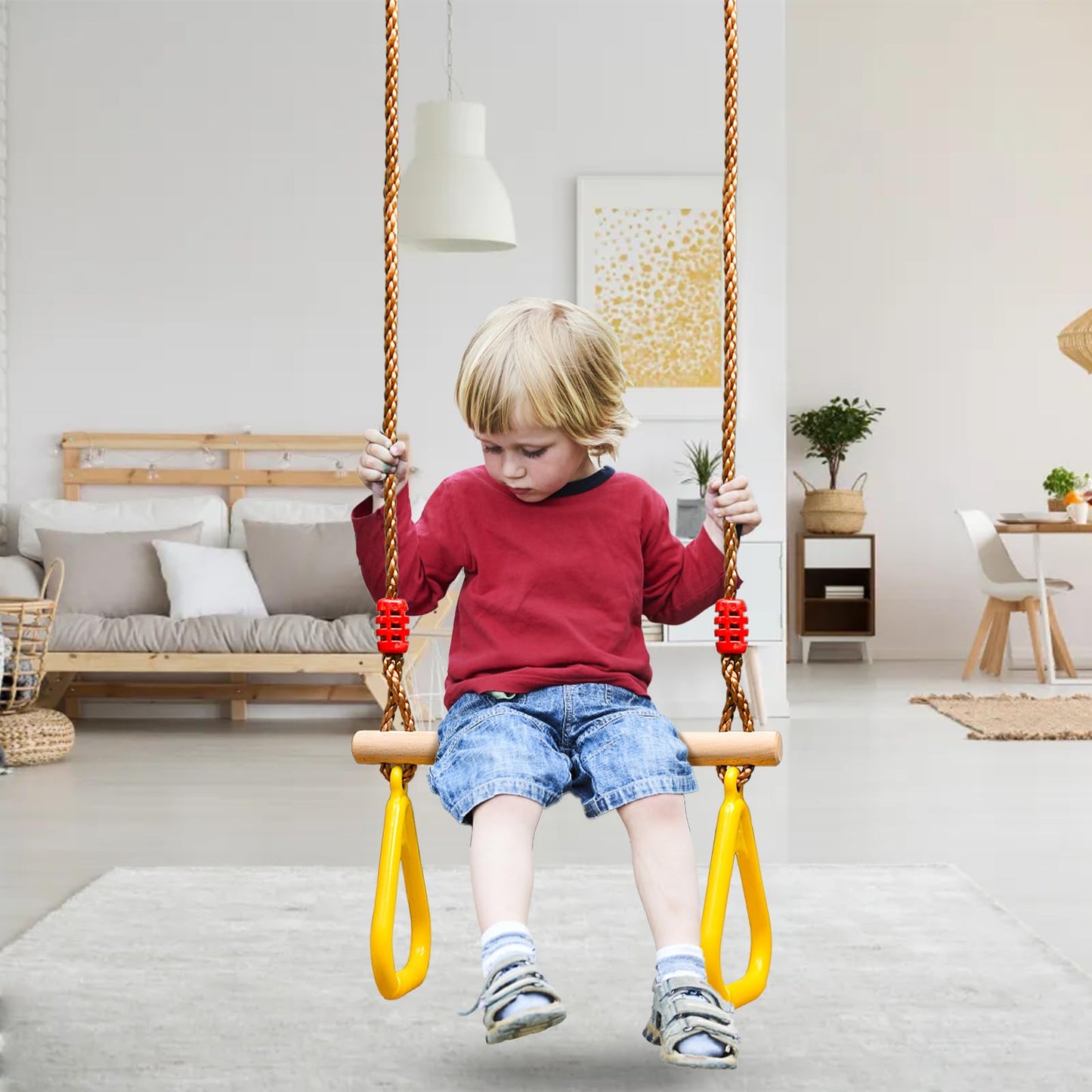 Covzoe Trapeze Bar, 16" Adjustable Height Wooden Swing Set, Trapeze Monkey Bar Assembly with Rings, Gym Hanging Accessories Playground Attachments