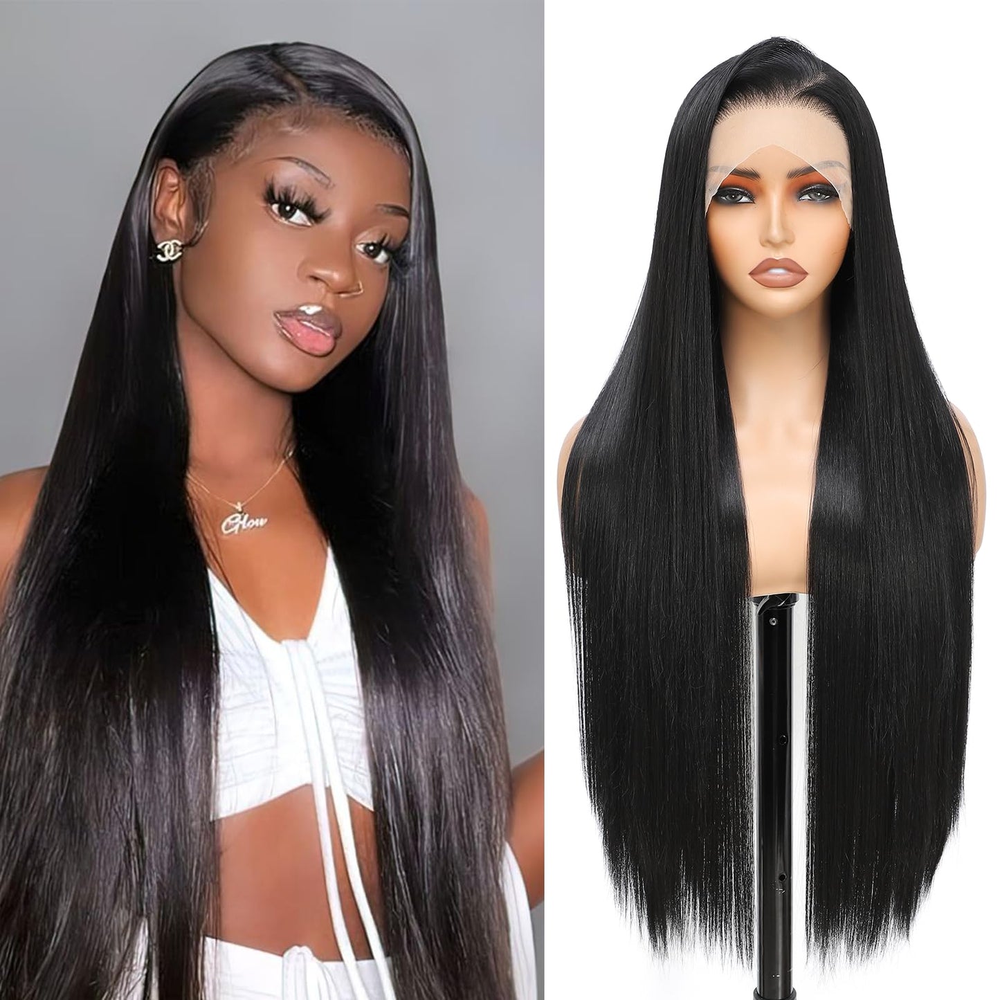 Geogroket 13x6 Lace Frontal Wig Long Straight Wigs Pre-Plucked Hairline with Baby Hair Transparent Swiss Lace Heat Resistant Synthetic Glueless Lace Front Wigs for Girls Daily Party Use 30 Inch (#1B)