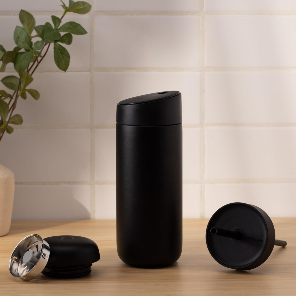 Fellow 16 oz Carter Bundle (3 in 1) Travel Mug with Slide-Lock, Move & Cold Lids with Straw - to-Go Coffee Tumbler, Ceramic Interior & Vacuum-Insulated Stainless Steel - Coffee Cups-Matte Black