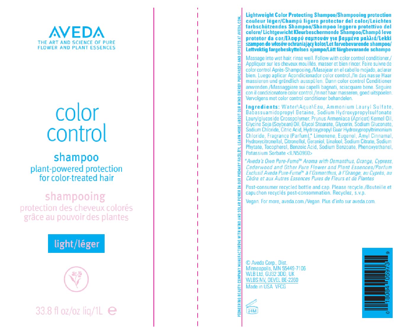 Aveda Colour Control Light Shampoo | Colour Protection Shampoo | Fights Fade | for Fine to Medium Colour-Treated Hair Types | Silicone Free | 98% Naturally Derived*, 1000ml