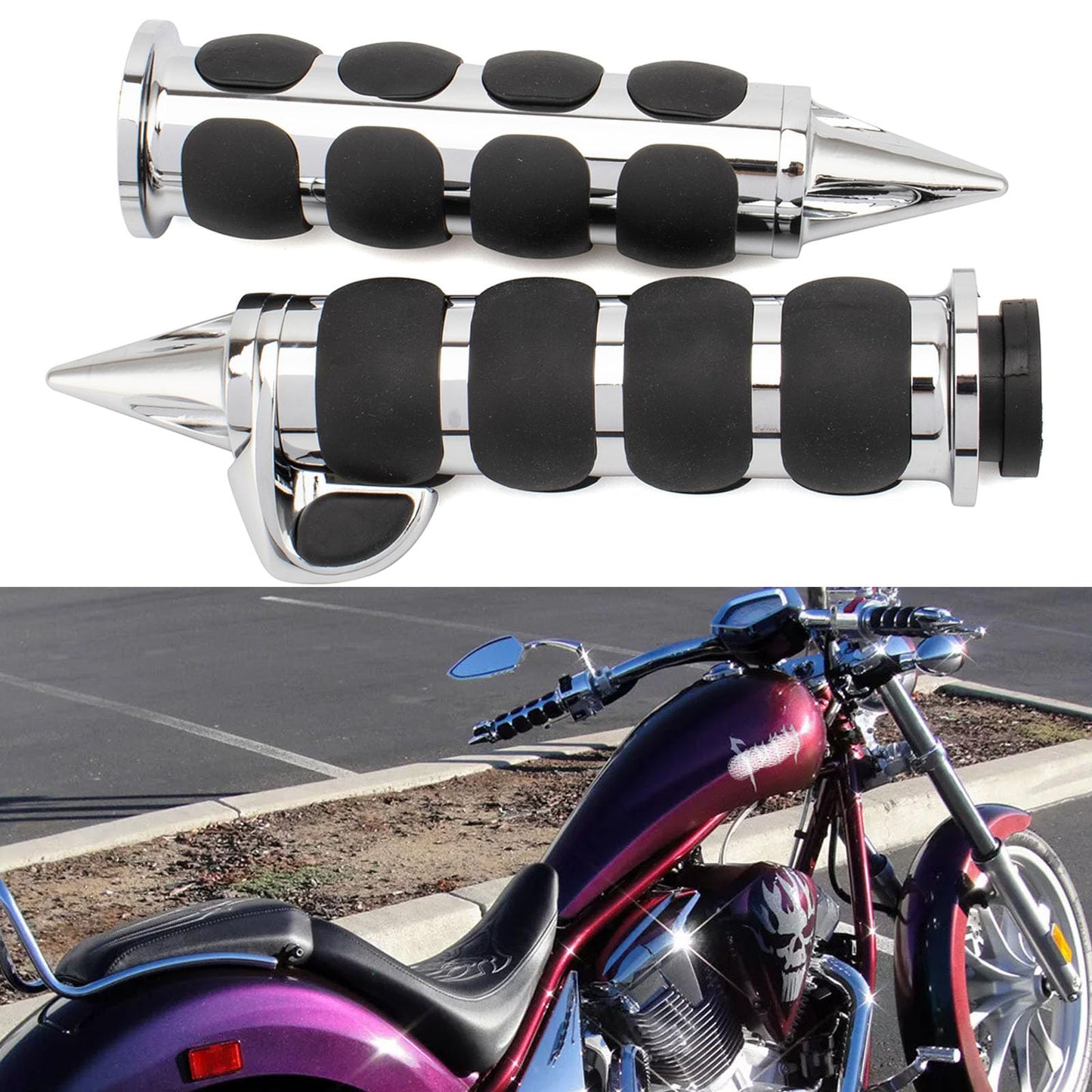 Motorcycle 1" Hand Grips Bar End Hand Handlebar Spike Chrome Black Aluminum Rubber