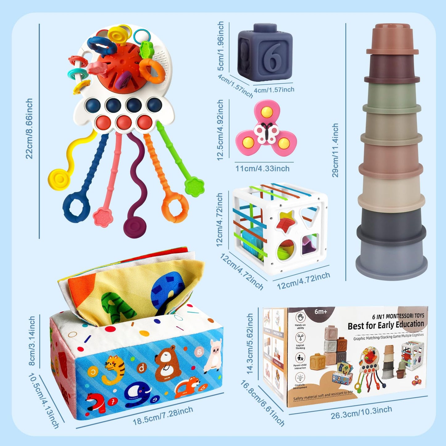 6 in 1 Baby Montessori Toys for 6-12 Months, Montessori Toys for Babies Incl Pull String Toy, Stacking Cups, Tissue Box Toy, Suction Cup Spinner Toys, Stacking Blocks, Activity Cube Gift for Boy Girl