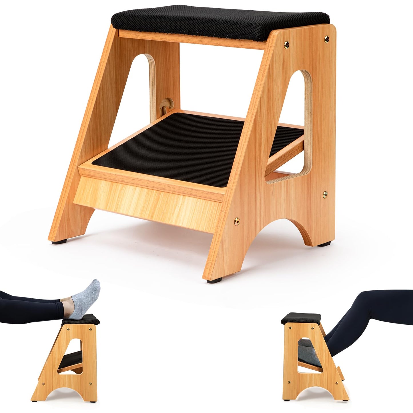 StrongTek Double Step Footrest, Adjustable Wooden Foot Stool with 4 Height Levels, Cushioned Top & Non-Slip Base, Ergonomic Under Desk Leg Rest for Office Home