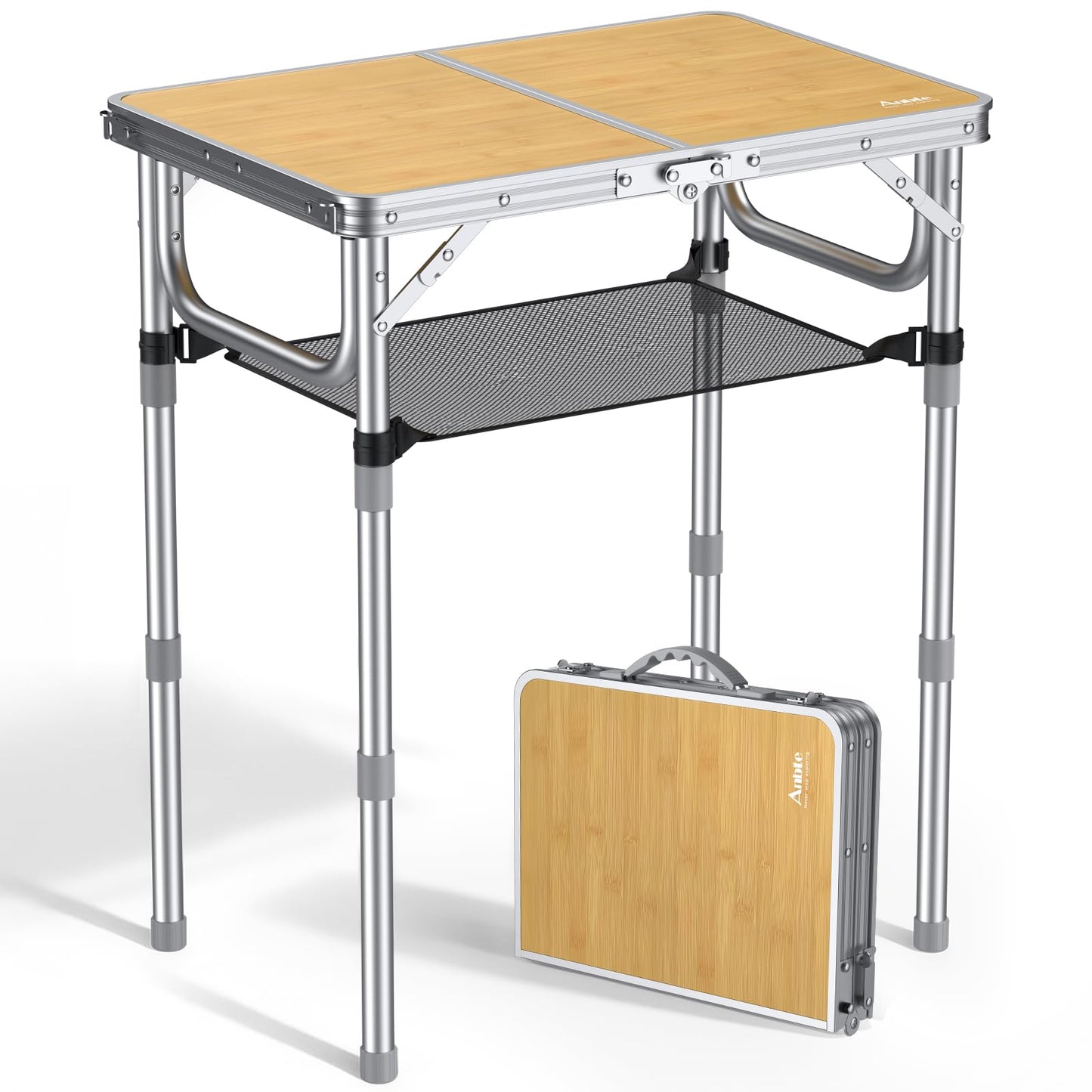 Anbte 2ft Folding Camping Table, 3 Adjustable Heights High 27.5" Aluminum Small Folding Table with Carrying Handle, Portable, for Outdoor Indoor Picnic Beach BBQ Travel, 24" x 16", Light Oak Grain