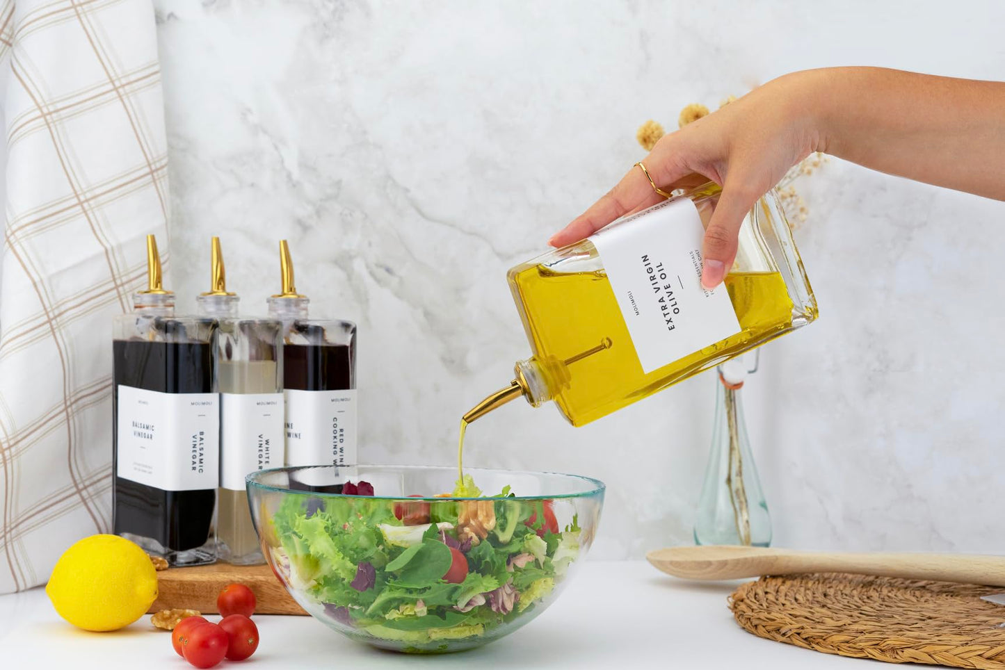 Molimoli Olive Oil Dispenser Bottle for Kitchen, Automatic Pourer, Glass Bottle Dispenser for Kitchen, Olive Oil Cruet, Glass Olive Olive Bottle | Set of 2 - Gold
