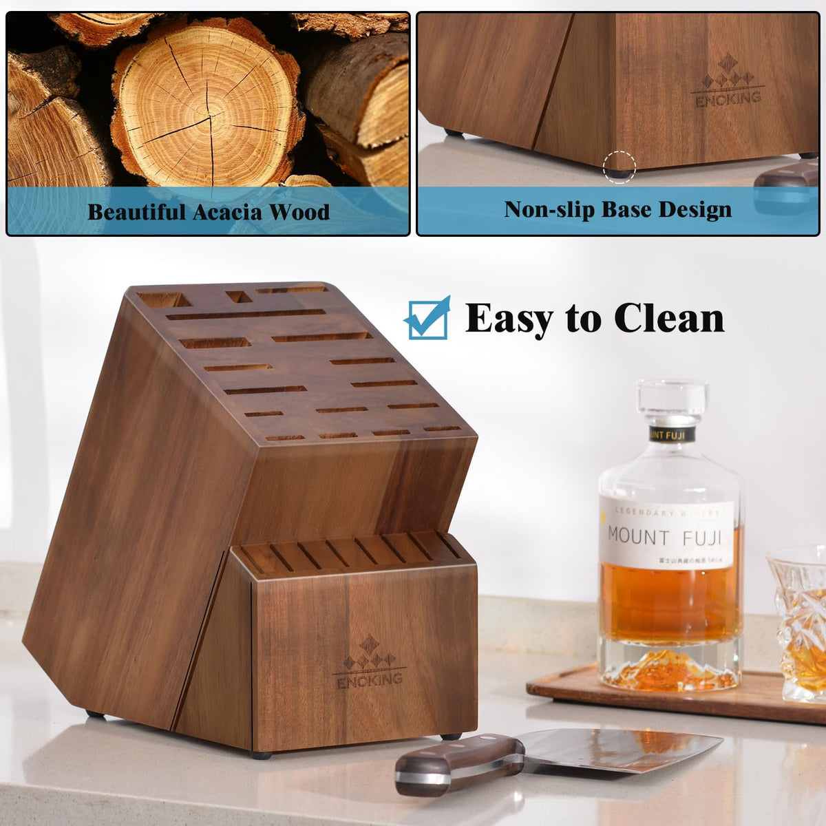 ENOKING Knife Block Without Knives, Large Knife Holder- 25 Slots Acacia Wood Universal Knife Block, Butcher Block Countertop for Knife Storage Organizer