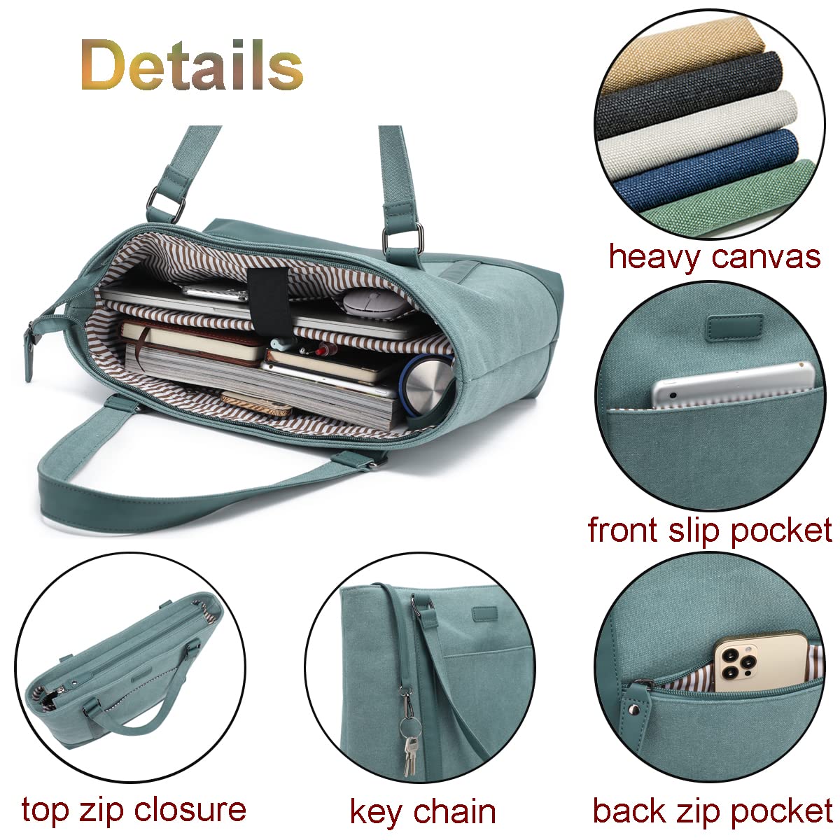Laptop Bag for Women - Teacher Canvas Tote Bag with Compartments, Work Tote Bag for Travel Office 15.6 Inch, Green, Large, Professional Tote Bag for Work