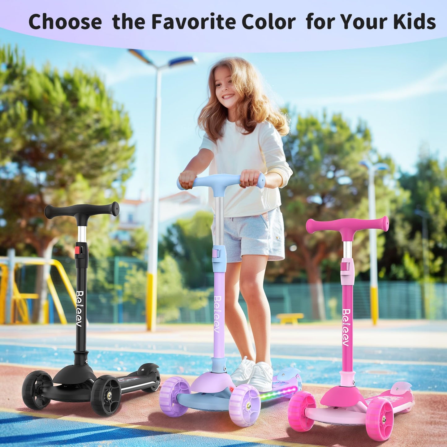 BELEEV A9 Scooter for Kids with Light-Up Deck & Wheels, 3 Wheel Folding Scooter for Toddlers Girls Boys Ages 3-12, 4 Adjustable Height, Extra Wide Deck, Lightweight Kick Scooter for Children