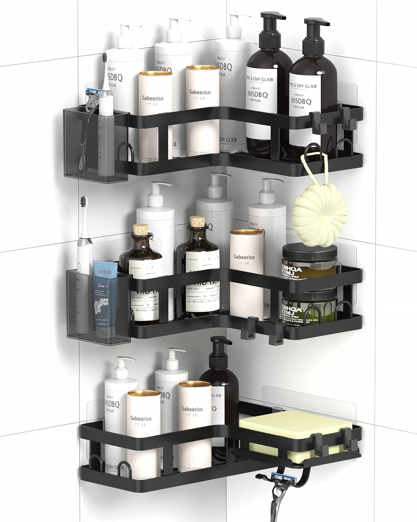 Gabeeriso Shower Caddy Corner, Bathroom Organizers Soap Holder Shower Shelves 2-in-1, Bathroom Shelves with 18 Hooks, Rust-Resistant Adhesive Shower Shelf No Drilling. (L-Shaped Black 3-Pack)