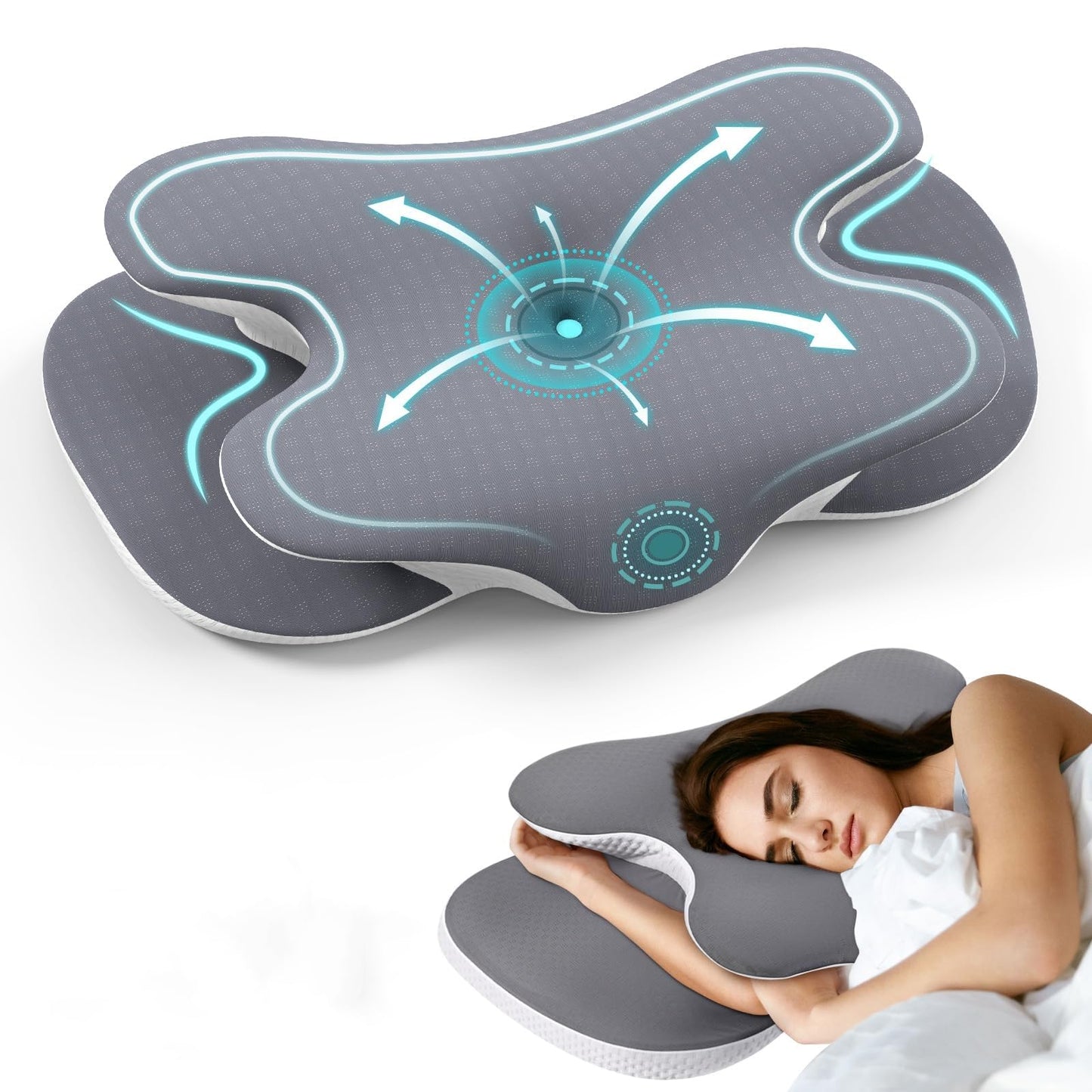 JINXIA Memory Foam Pillow for Sleeping, Ergonomic Orthopedic Neck Support Pillow, Cooling Pillow with Removable Breathable Pillowcase, Ice Silk Material, for Side, Back, Stomach Sleepers - Gray