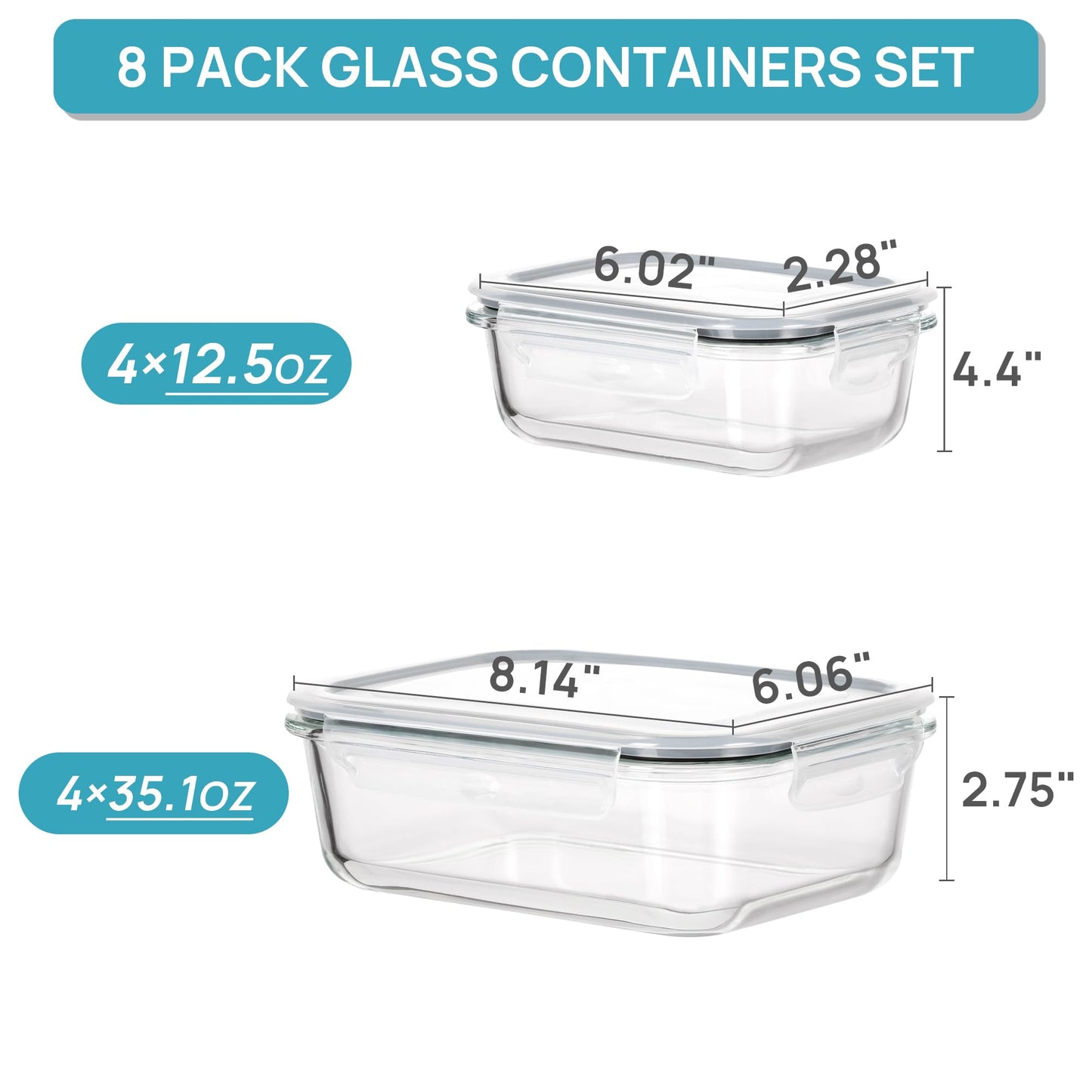 Vtopmart 8 Pack Glass Food Storage Containers with Lids, Meal Prep Containers, Airtight Lunch Bento Boxes with Snap Locking Lids, for Microwave, Oven, Freezer and Dishwasher