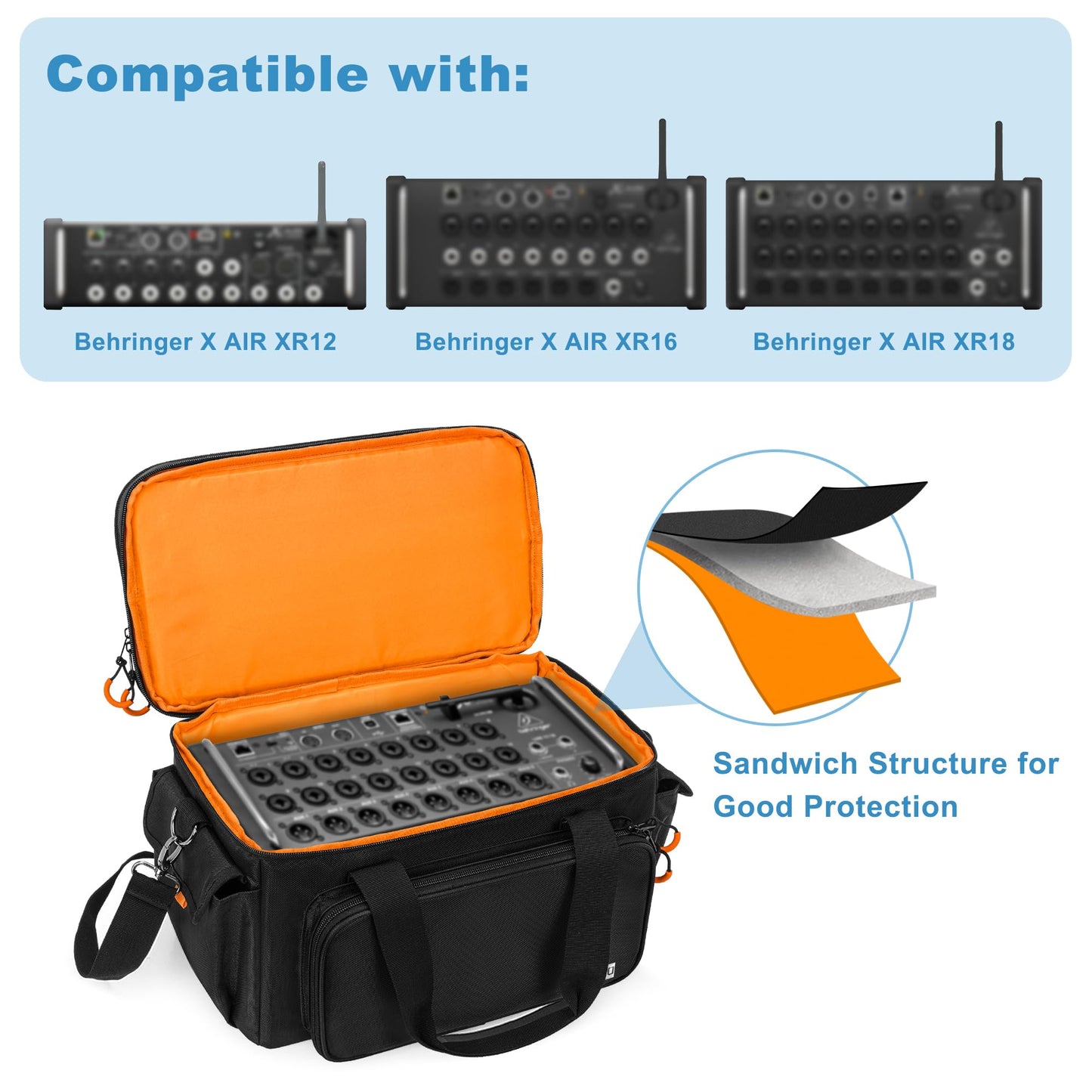 GRAOSO Padded Mixer Carry Bag Compatible with Behringer X-AIR Series Mixers XR12, XR16, XR18, Double Layer DJ Gig Bag with Multiple Pockets for Accessories, Audio Case with Shoulder Strap, Black