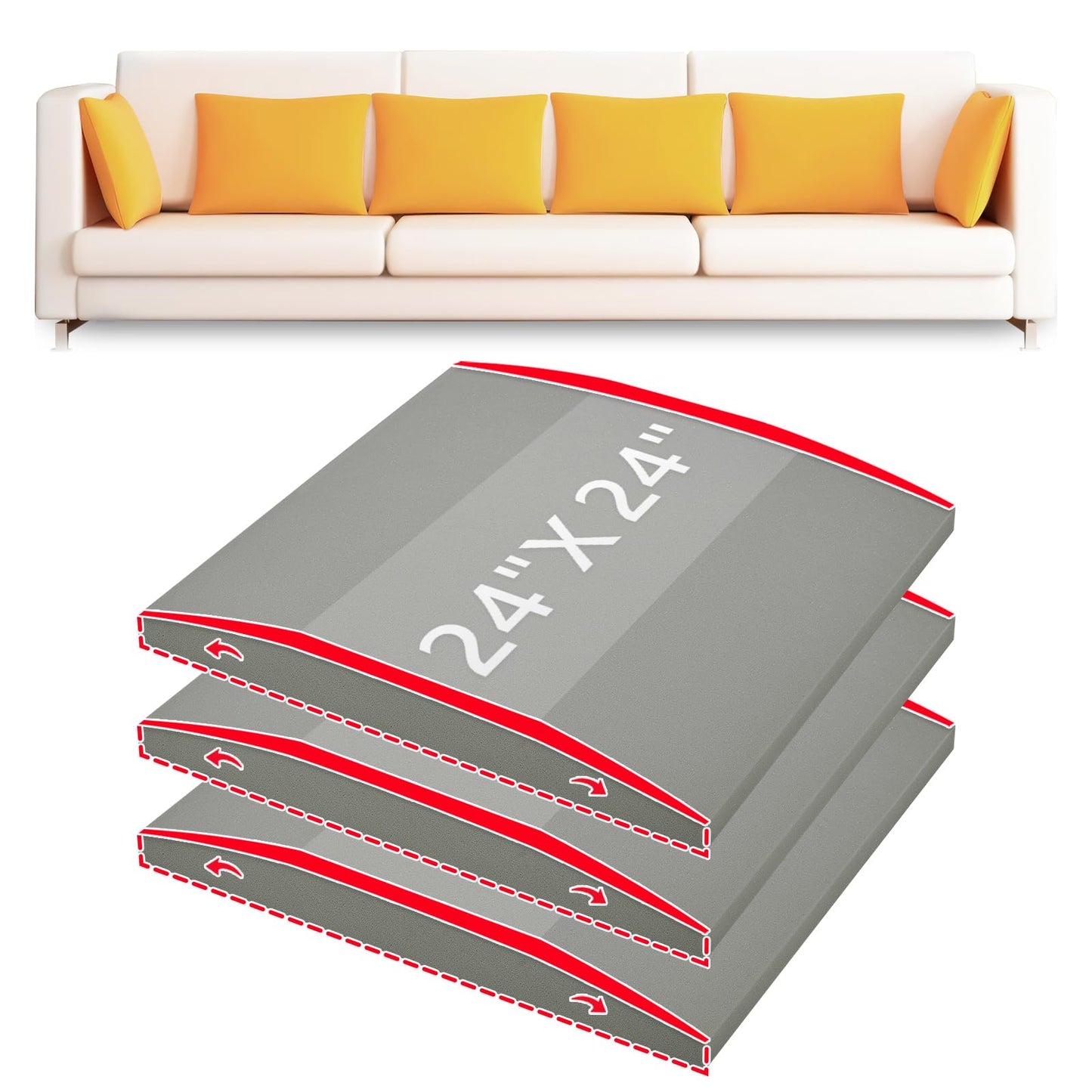 HAVARGO Couch Cushion Support High Density Foam 24X24X2.4 Inches Sofa Couch Supports for Sagging Cushions Light Grey 3Pc
