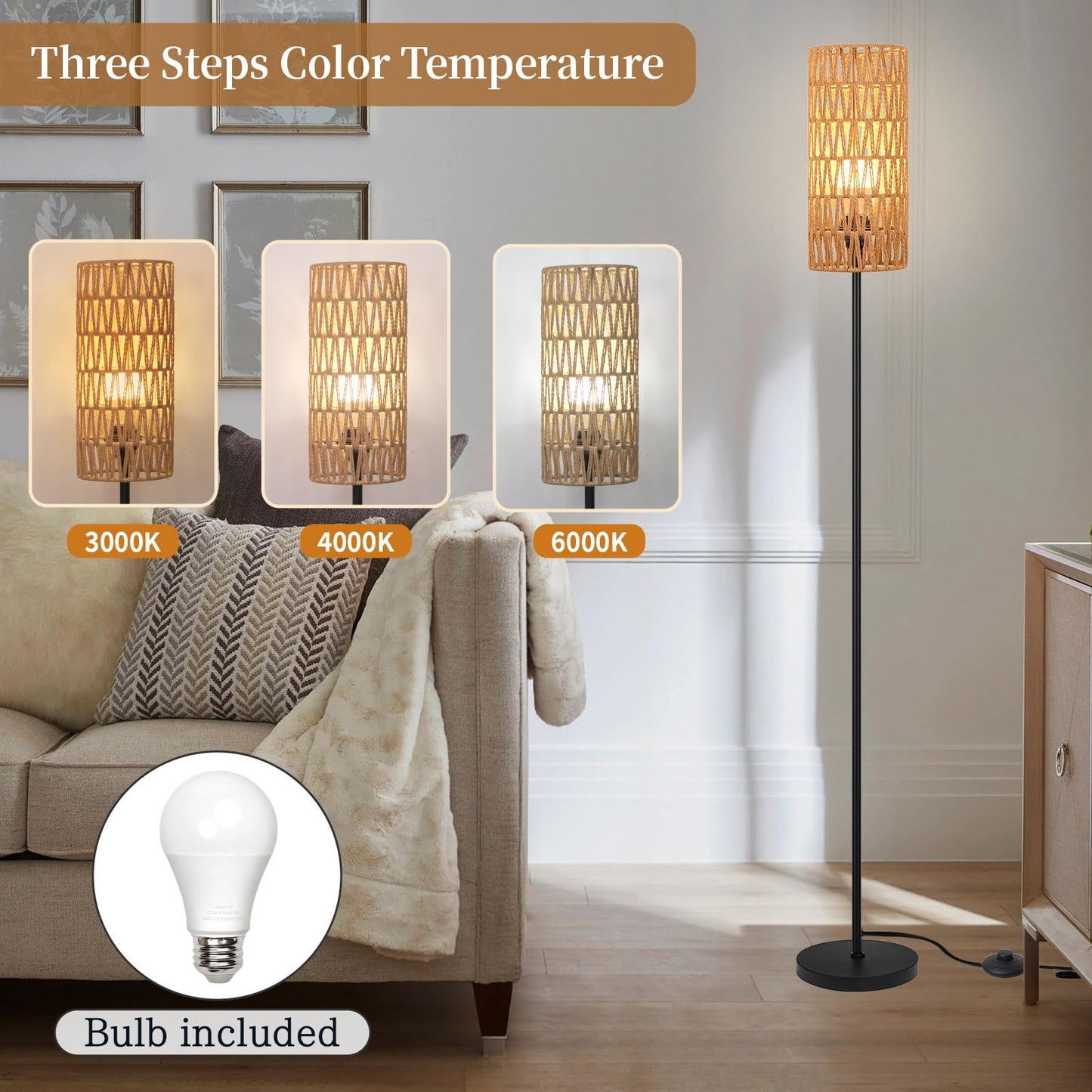 Floor Lamp for Living Room,Farmhouse Rattan Floor lamp,Modern Standing lamp with Hand-Worked Rattan Shade,Black Tall Lamp with Foot Switch