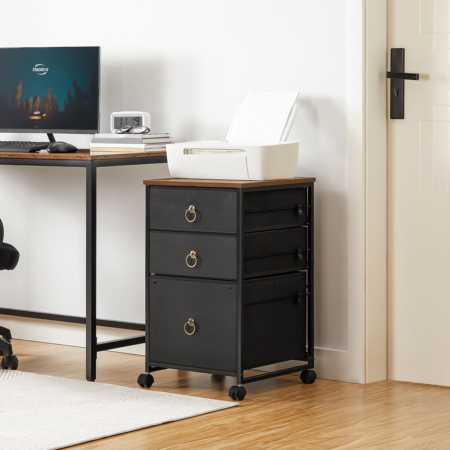 HOOBRO Mobile File Cabinet, Rolling Printer Stand with 3 Drawers, Office Cabinet, Fabric Vertical Filing Cabinet fits A4 or Letter Size for Home Office, Black and Rustic Brown BFK30WJ01