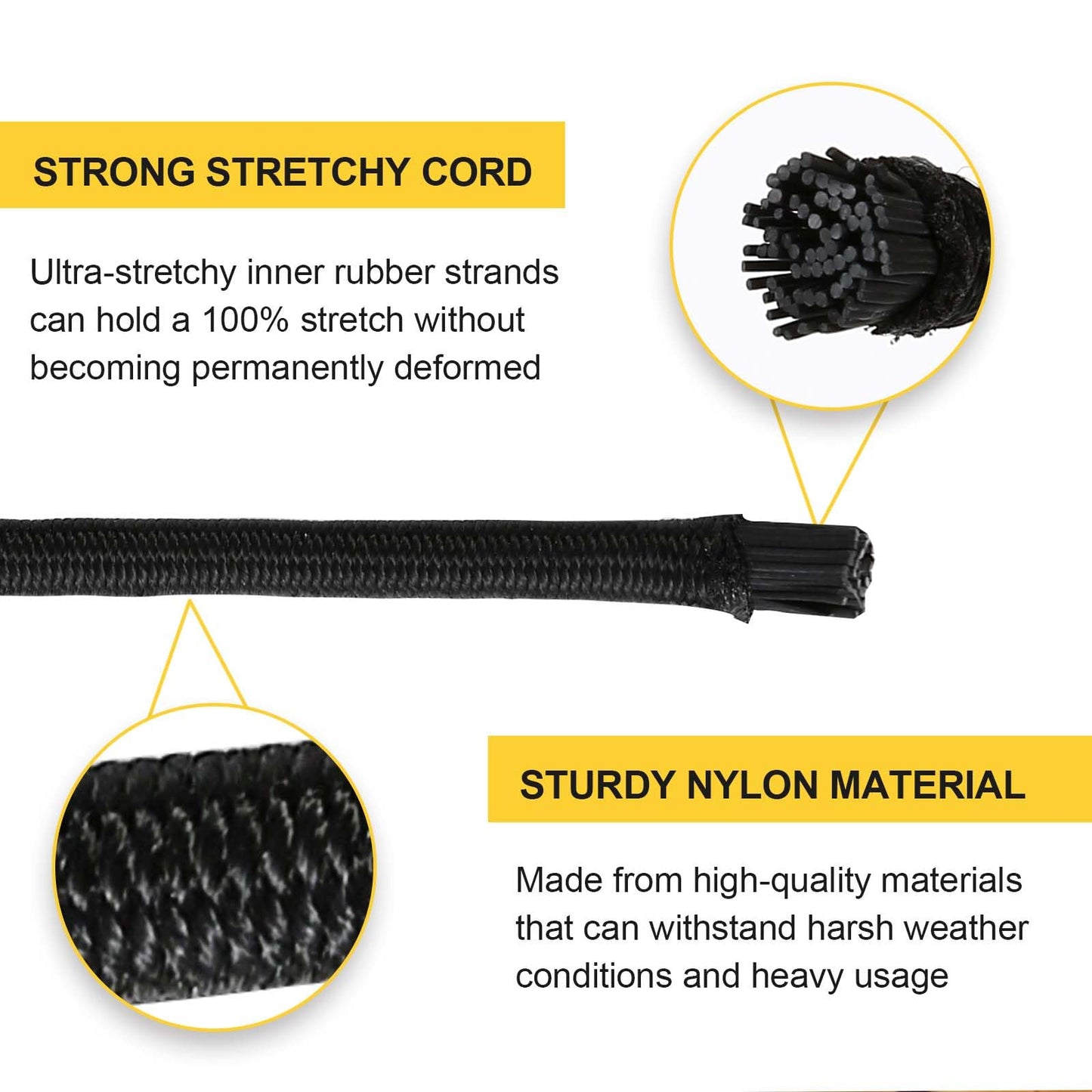 Zakous Strong and Durable Bungee Cord Roll - 1/4" x 100ft Elastic Cord, Kayak Stretch String Rope, Bungee Shock Cords for Repairing Tent Poles, DIY, Tie Downs, Black