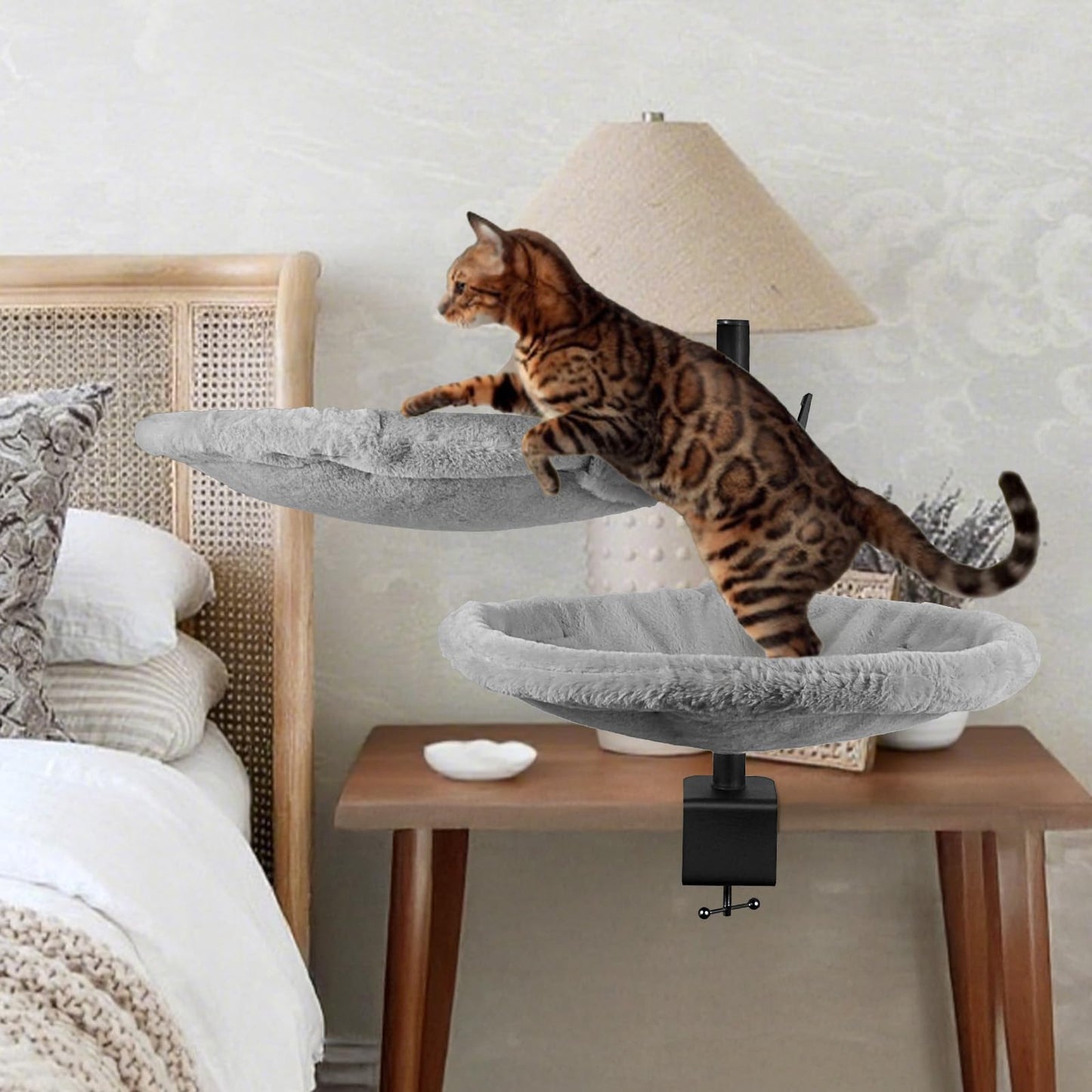 Double Cat Desk Bed - 2 Large Layers Cat Perch with 360° Rotating & Adjustable Height, Kitten Nest for Desktop with 2 Washable Soft Covers, Kitten Hammock Bed Mount for Home Office Grey