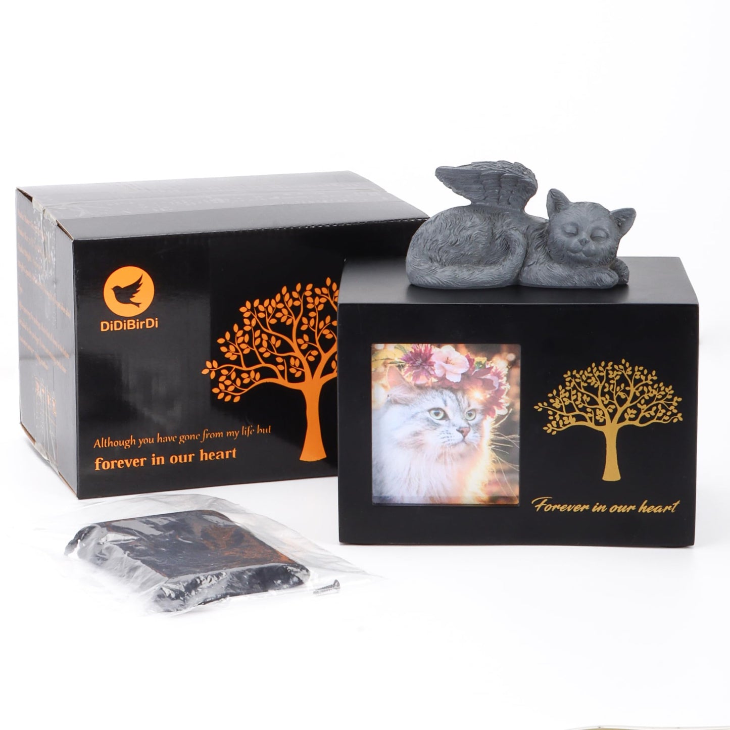 DiDiBirDi Pet Urns for Cats, Tree Pattern Wooden Keepsake with Photo Frame, Pet Ashes Keepsake Memory Box with Resin Animal Statue and Sealed Storage Bags (75lbs)（Black）