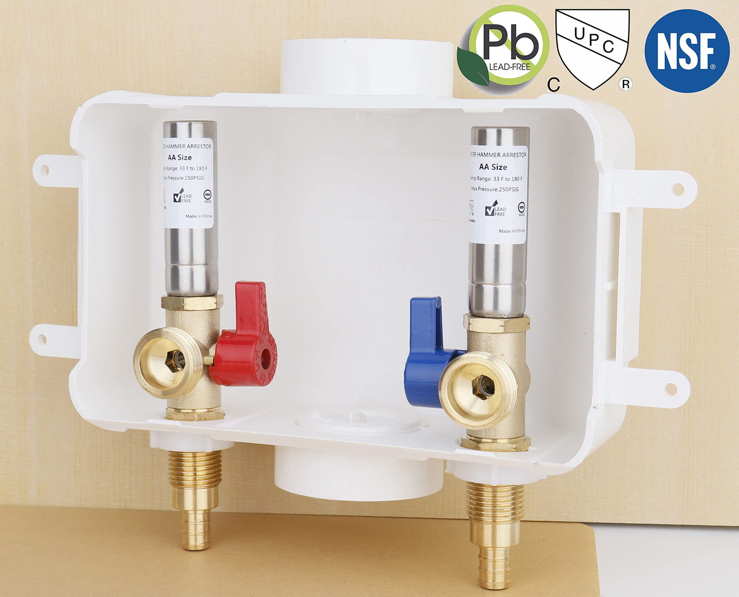 WHK Washing Machine Outlet Box,Pex Laundry Box Washer Wall Box With Drain Recessed Water Valve Box Center Double Drain 1/2-inch Crimp PEX B,PVC White (With Stainless Steel Water Hammer Arrester)