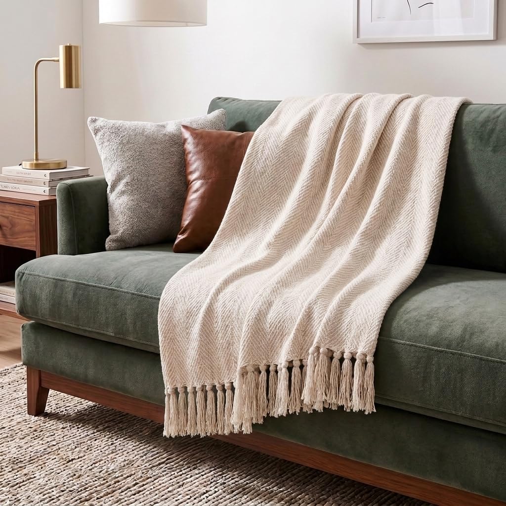 Americanflat Zaina Cream Herringbone Cotton Blanket Throw with Fringe - 50x60 Inches