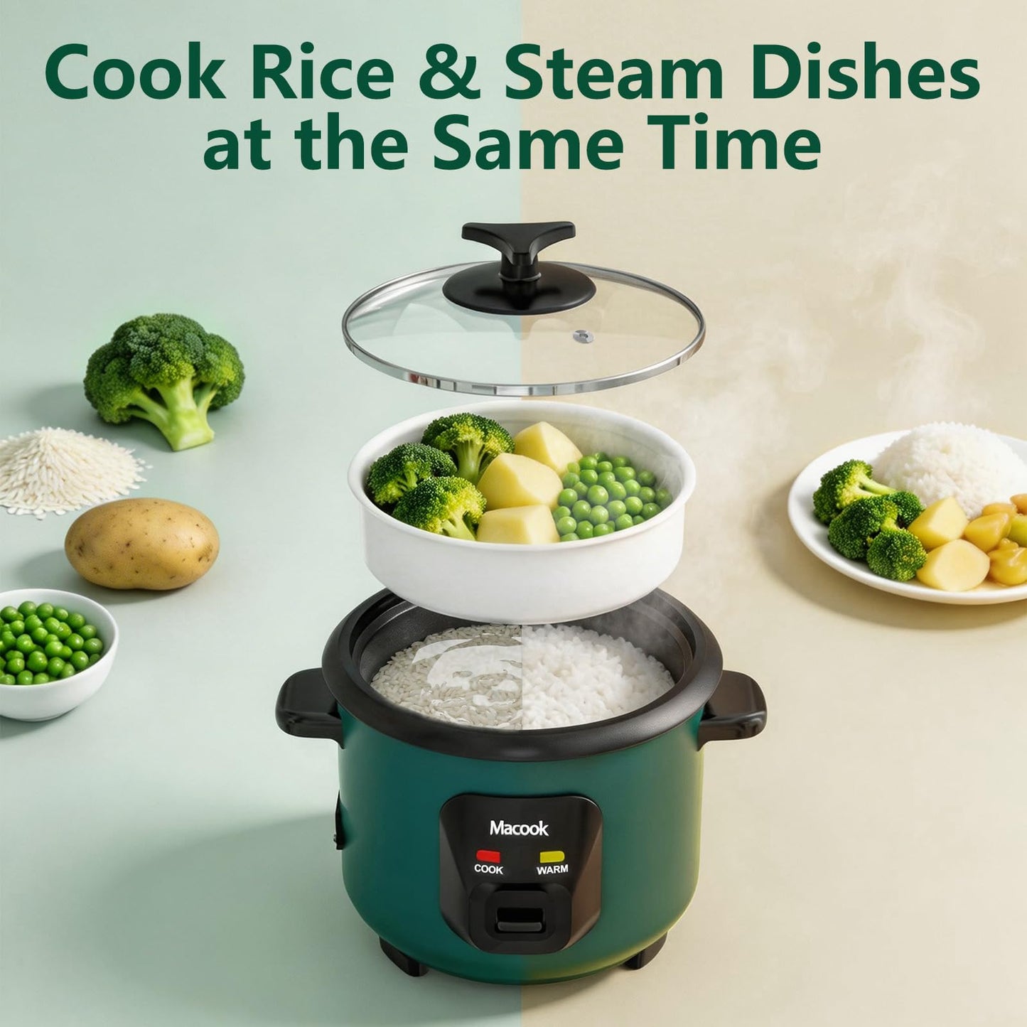 Macook Mini Rice Cooker 3-Cup, Small 0.6L One-Touch Rice Maker with Non-Stick Inner Pot, Automatic Keep Warm & Overheat Protection, Ideal for 1-6 People, Students & Small Families (Green)