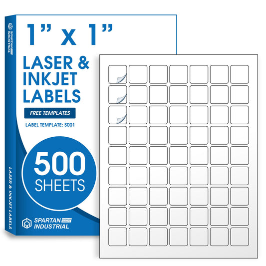 1" X 1" Square Printable Labels Compatible with Inkjet and Laser Printers - 500 Sheets, 31500 Matte White Paper Stickers for QR Codes, Barcodes, and Price Tags - Spartan Industrial Template S001