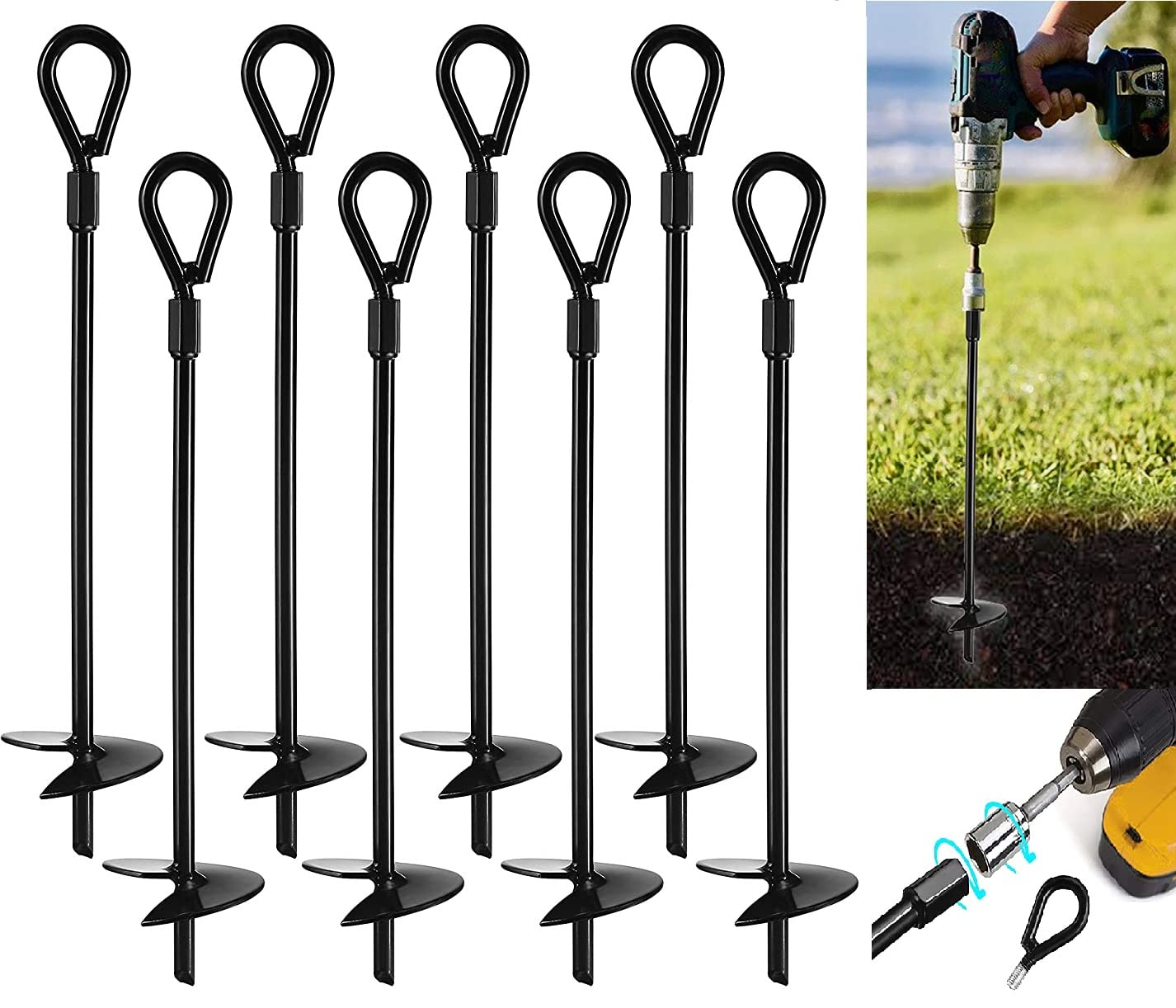 VASGOR 20” Ground Anchors (8pcs) Easy to Use with Drill, 3" Helix Diameter, Heavy Duty Anchor Hook for Camping Tent, Canopies, Car Ports, Sheds, Swing Sets, Securing Animals – Black Powder Coated
