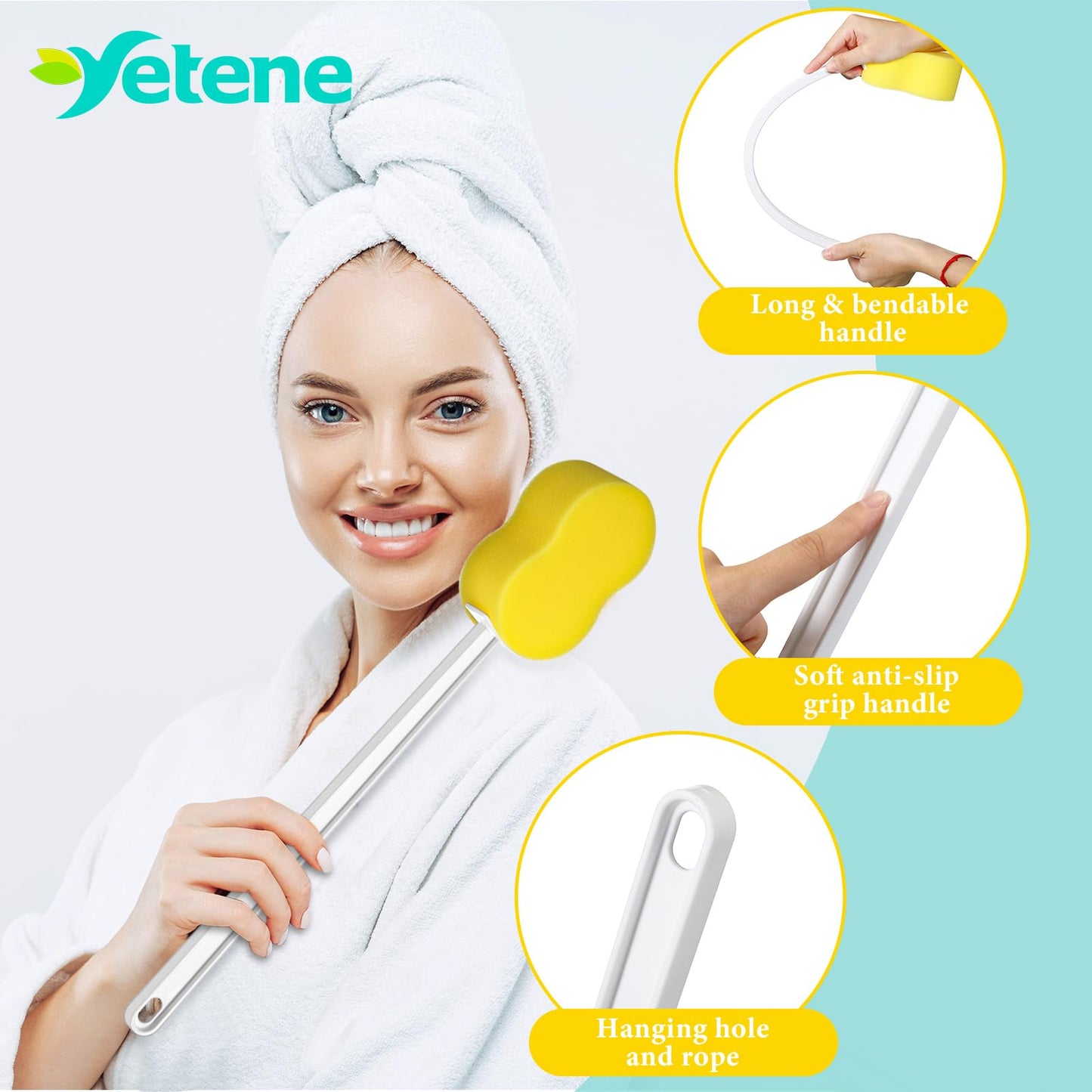 Yetene 3 Pcs Long Handle Bath Sponge 22.4'' Back Sponge on a Stick Lightweight Back Washer Handled Butt Scrubber Shower Brush for Foot Body Cleaning Bathing Limited Motion, Yellow(8-shape Style)