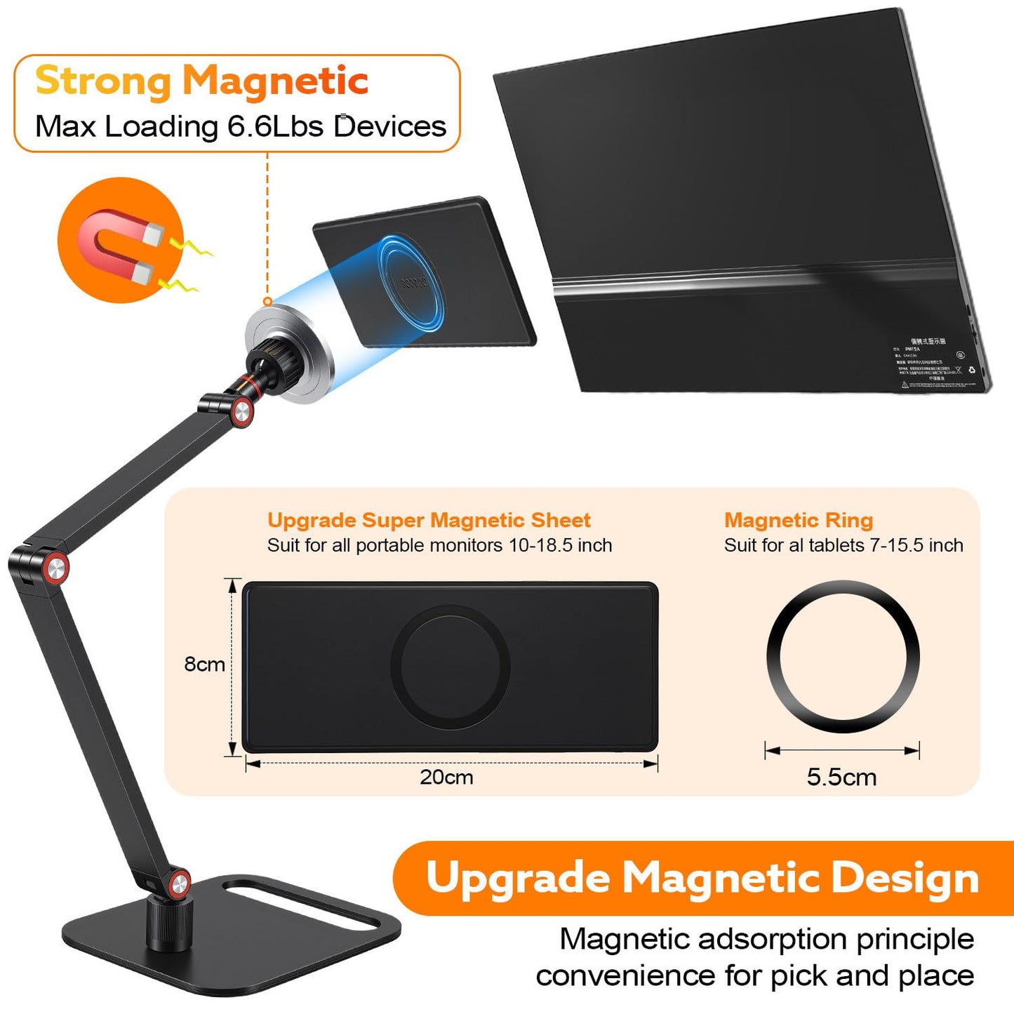 Portable Travel Monitor Stand, Strong Magnetic Portable Monitor Holder, iPhone/iPad Stand for 4.7" 12.9" 15.6" 16" 17.3" 18.5'' Screens, Universal Screen Extender Base Adjustable Tablet Holder