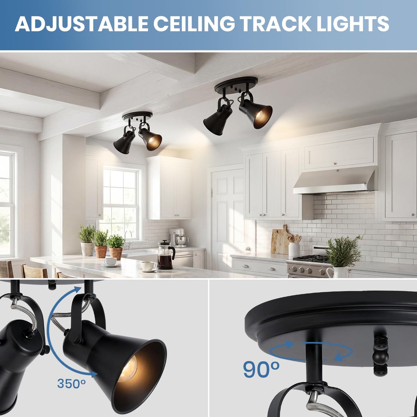 SEEBLEN Black Kitchen Lighting Fixtures Ceiling, 2-Light Adjustable Track Light, Flush Mount Directional Ceiling Light for Hallway, Dining Room, Bathroom