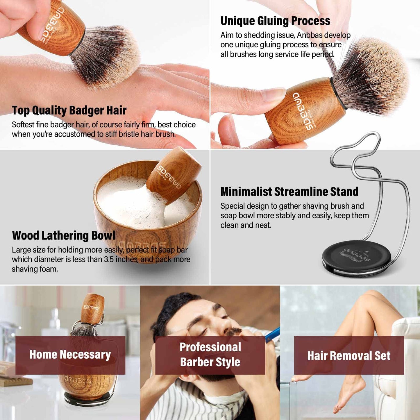 Anbbas Badger Hair Shaving Brush with Wood Handle,Large Soap Bowl,Stainless Steel Shaving Stand and 3.5 oz Natural Shaving Soap Puck Refill for Men