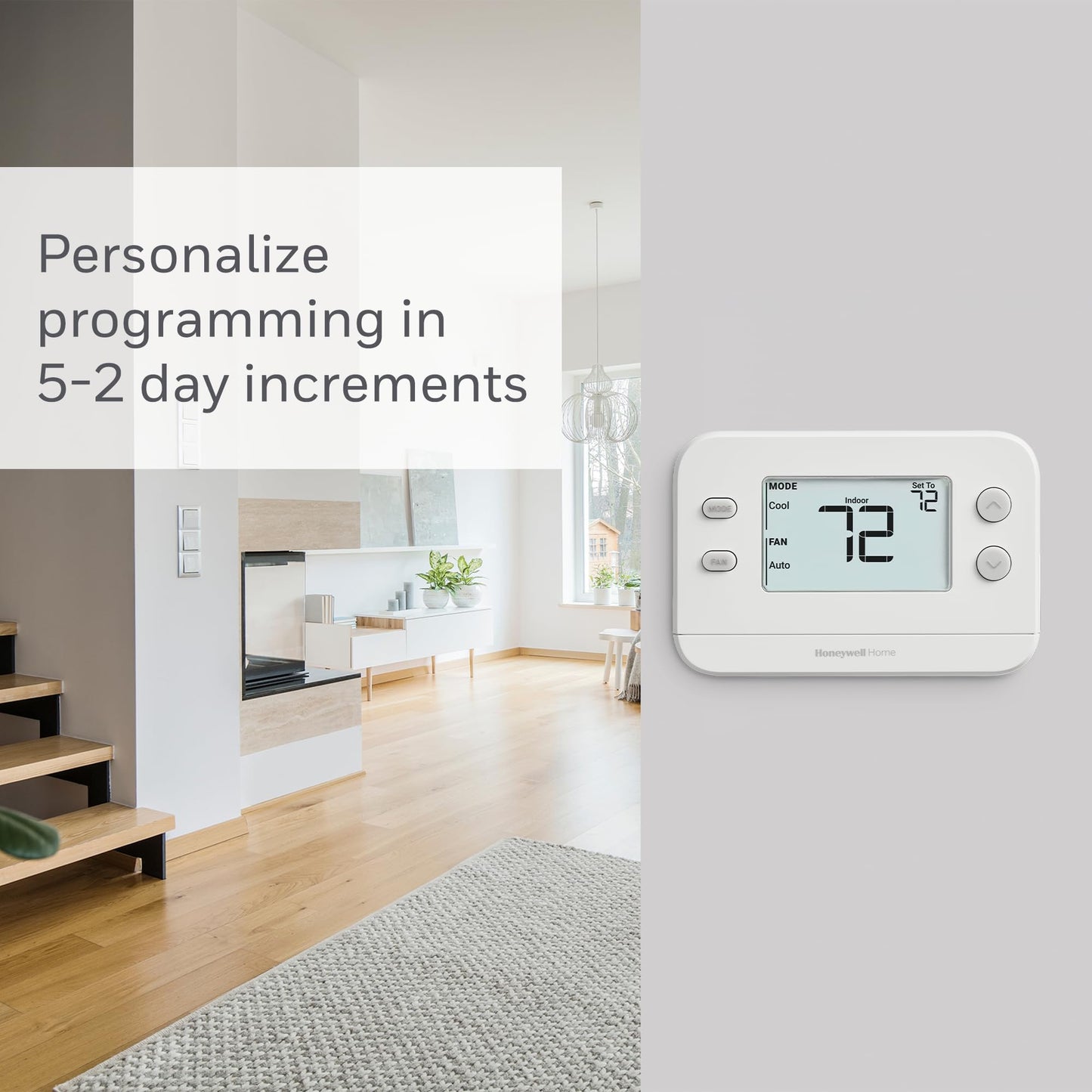 Honeywell Home X2P Programmable Thermostat, Single-Stage, 1 Heat/1 Cool Compatibility, 5-2 Day Schedule, White