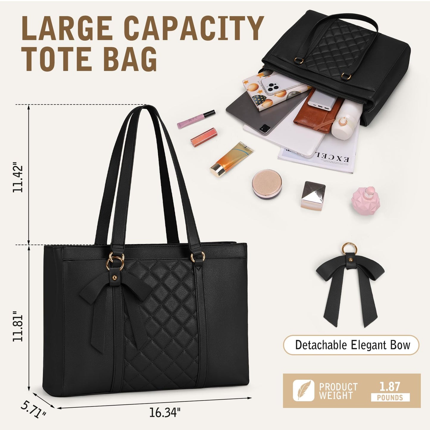 RAINSMORE Laptop Bags For Women 15.6 Inch Work Tote Bag Large Laptop Purse PU Leather Handbag Waterproof Office Computer Briefcase with Zipper for Business Travel, Black