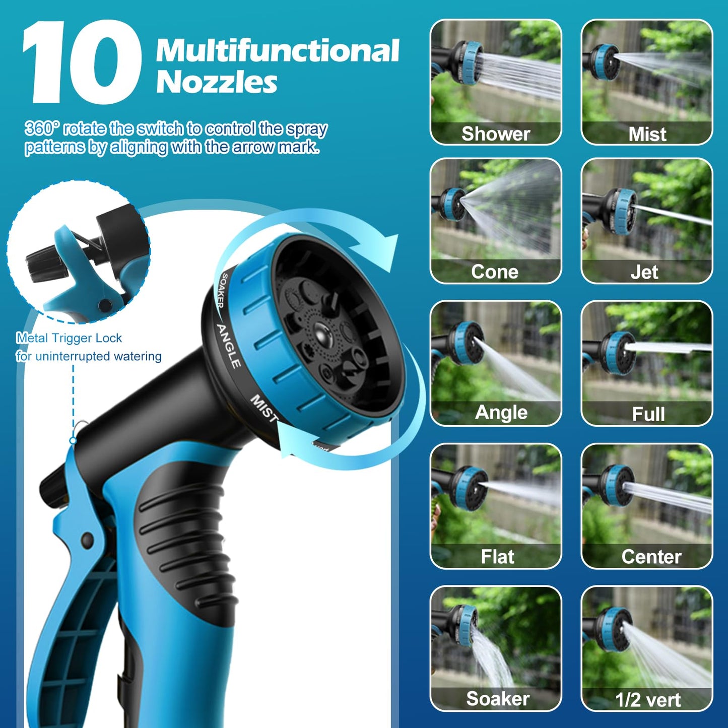 Expandable Garden Hose 100FT, Lightweight Water Hose with 10 Function Nozzle & 3/4" Solid Brass Fittings,Kink Free Retractable Collapsible Flexible Gardening Hose Pipe with Hook and Storage Bag,Blue