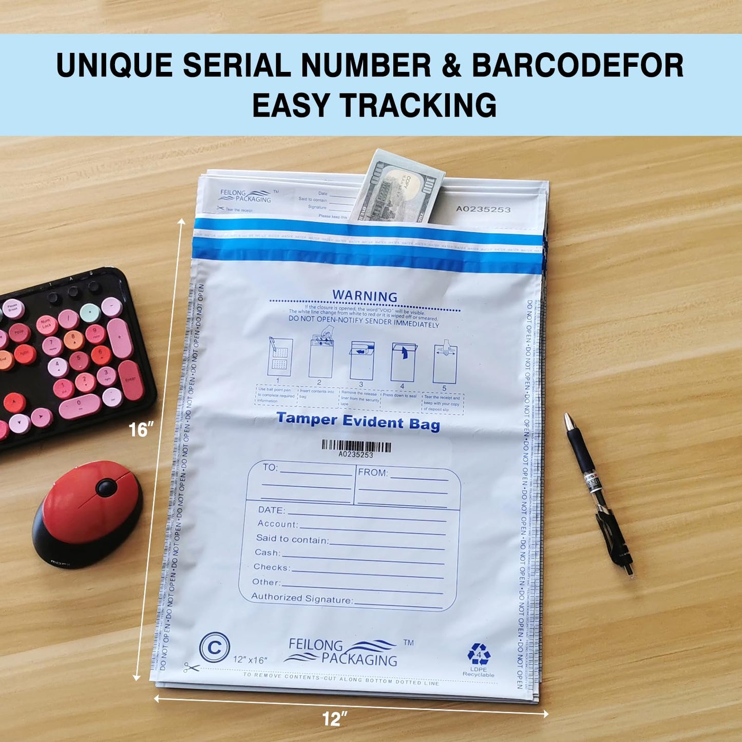 100Pcs 12"x16" Bank Deposit Bags - Tamper Evident Security Bags - Cash Bags with High Level Security Seal - White Security Bags - Opaque 2.8 Mil Plastic (12" x 16")