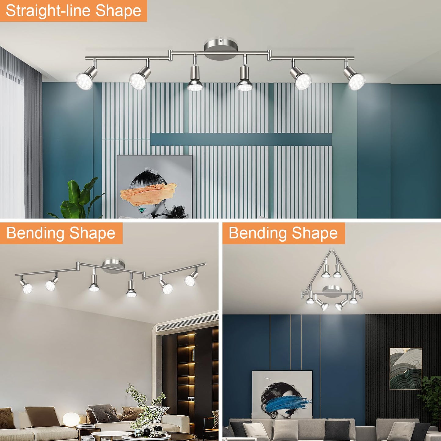 Unicozin 6 Light Track Lighting Kit, Matt Nickel LED Track Light with Flexibly Rotatable Light Head, Foldable Ceiling Spot Light Included LED GU10 Bulbs (4W, 400LM, Daylight White 5000K)