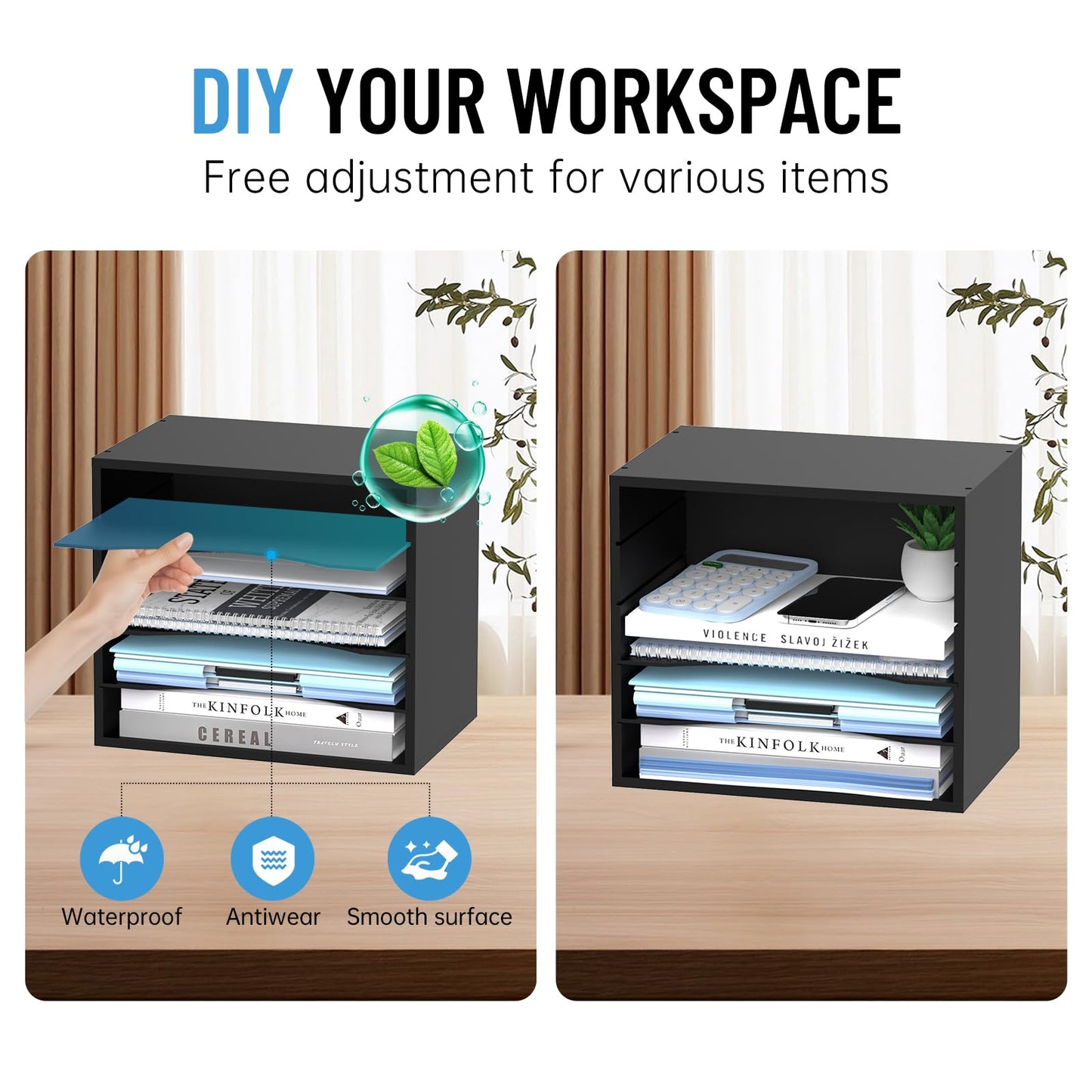 SHARKWOODS 5-Tier Wood Desk Organizer, Paper Sorter for Desktop with Adjustable Storage Shelves, Desktop Mail Holder for Office Home Classroom, Black