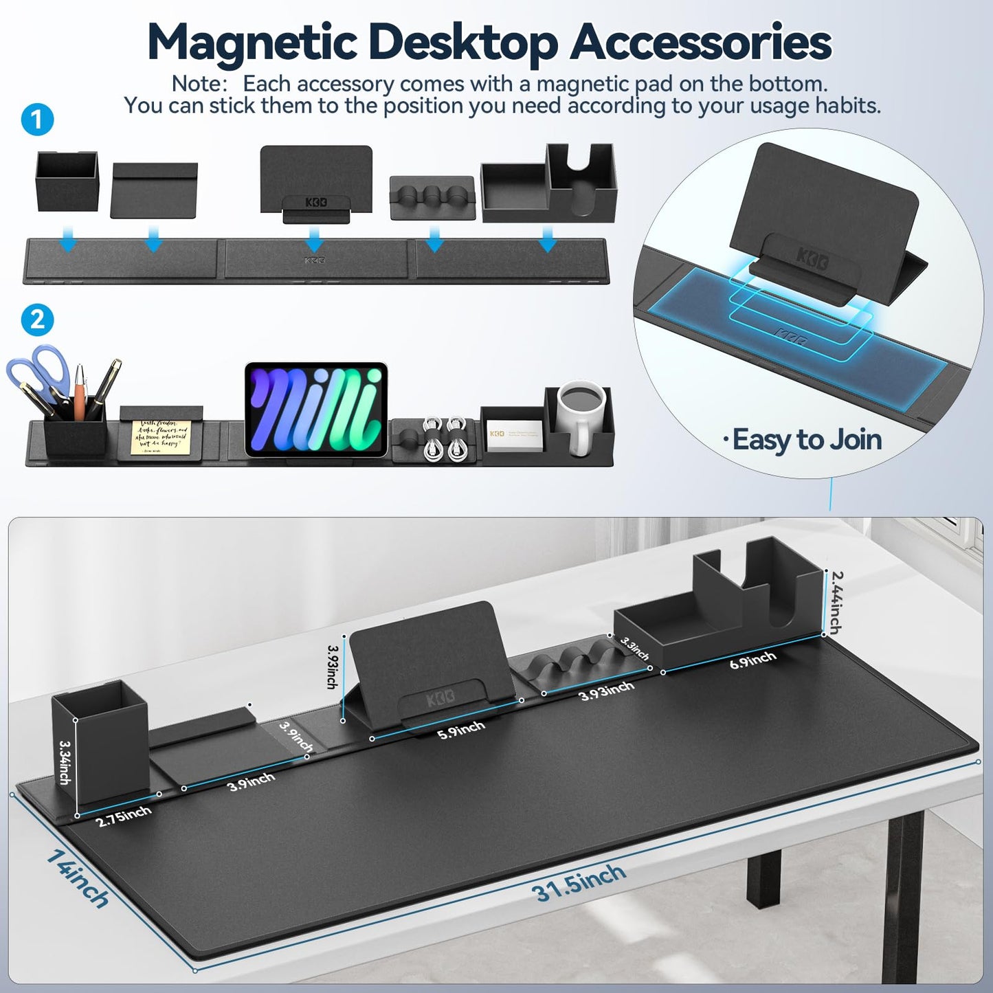 KDD Desk Mat with Magnetic Organizer Set, 6 in 1 Mouse Keyboaed Pad with Storage Accessories DIY Feature for Phone/Tablet Stand/Cup Holder/Card/Pen Holder/Cable Management for Office Desk Accessories