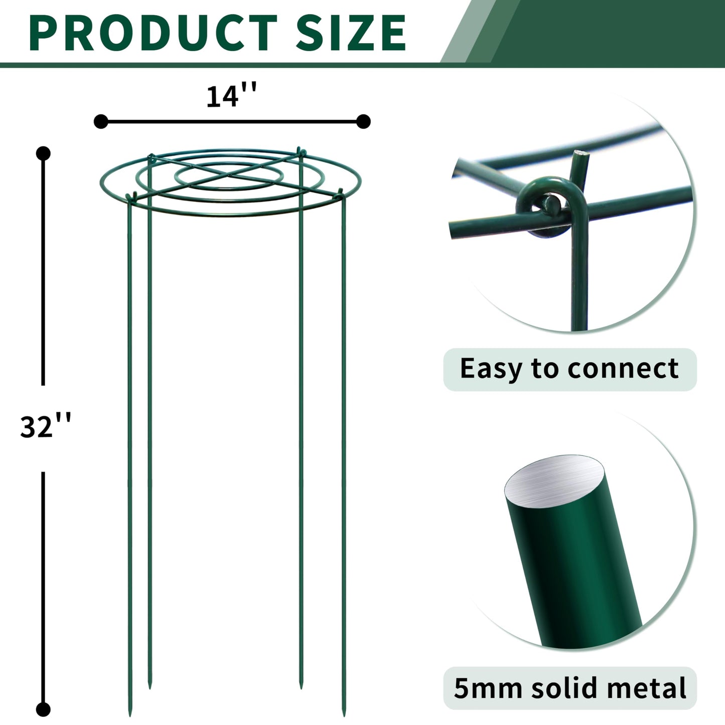 SYITCUN Tall Peony Cages and Supports, 14x32 Inch 4-Pack Heavy Duty Metal Plant Cages, 5mm Extra Thick Green Garden Stake for Tall Peonies, Delphiniums, Sunflowers