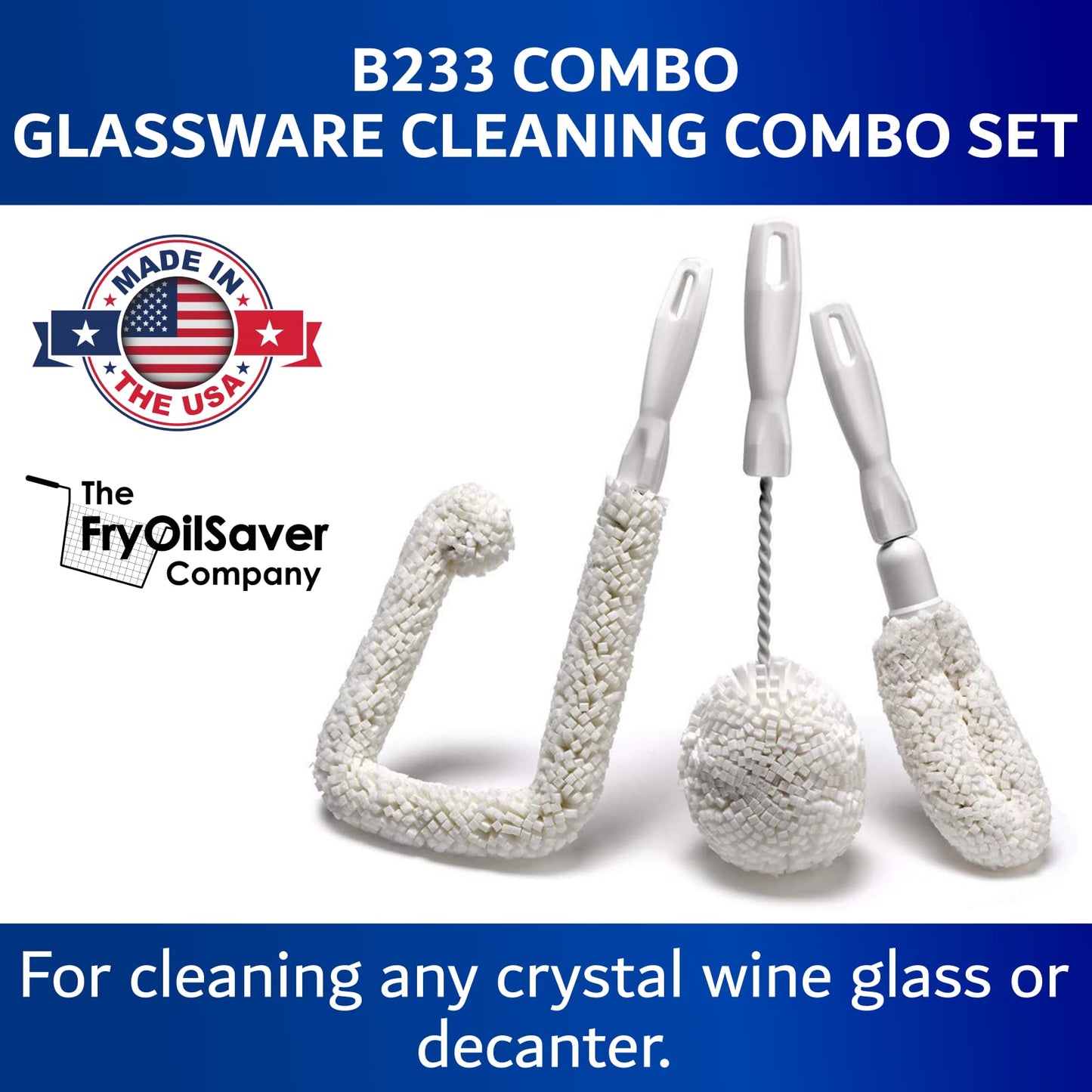 Set of 3 Glassware Cleaning Brush Kit - Non-Scratch, Foam Wine Glass Cleaning Brush Set for Glassware, Decanter, Mug, Stemware - for Home, Restaurant, Bar, Hotel - by FryOilSaver Co.