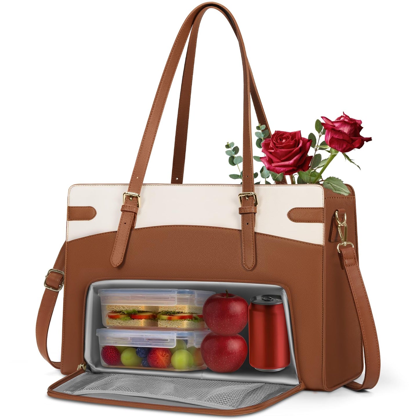 RAINSMORE Laptop Bags for Women with Lunch Compartment,Large Work Bag Women 15.6 inch Laptop Tote Bags for Women PU Leather Laptop Purse,Brown