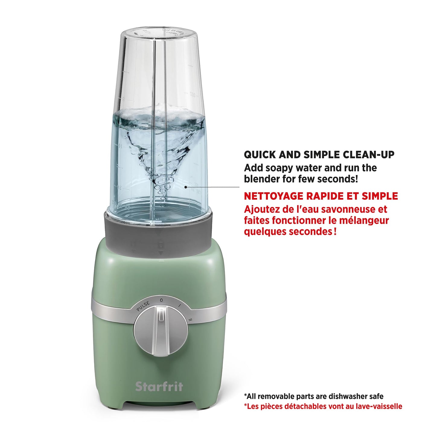 Starfrit Personal Blender - Two 828ml Cups - Two Blades - High, Low & Pulse Modes - 300W - Sage