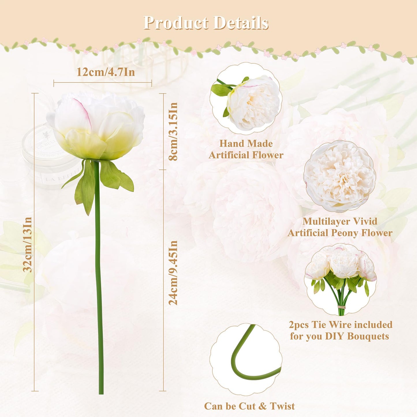U'Artlines 20Heads Artificial Peony Silk Flower Leaf Home Office Wedding Party Festival Bar Decor (White)