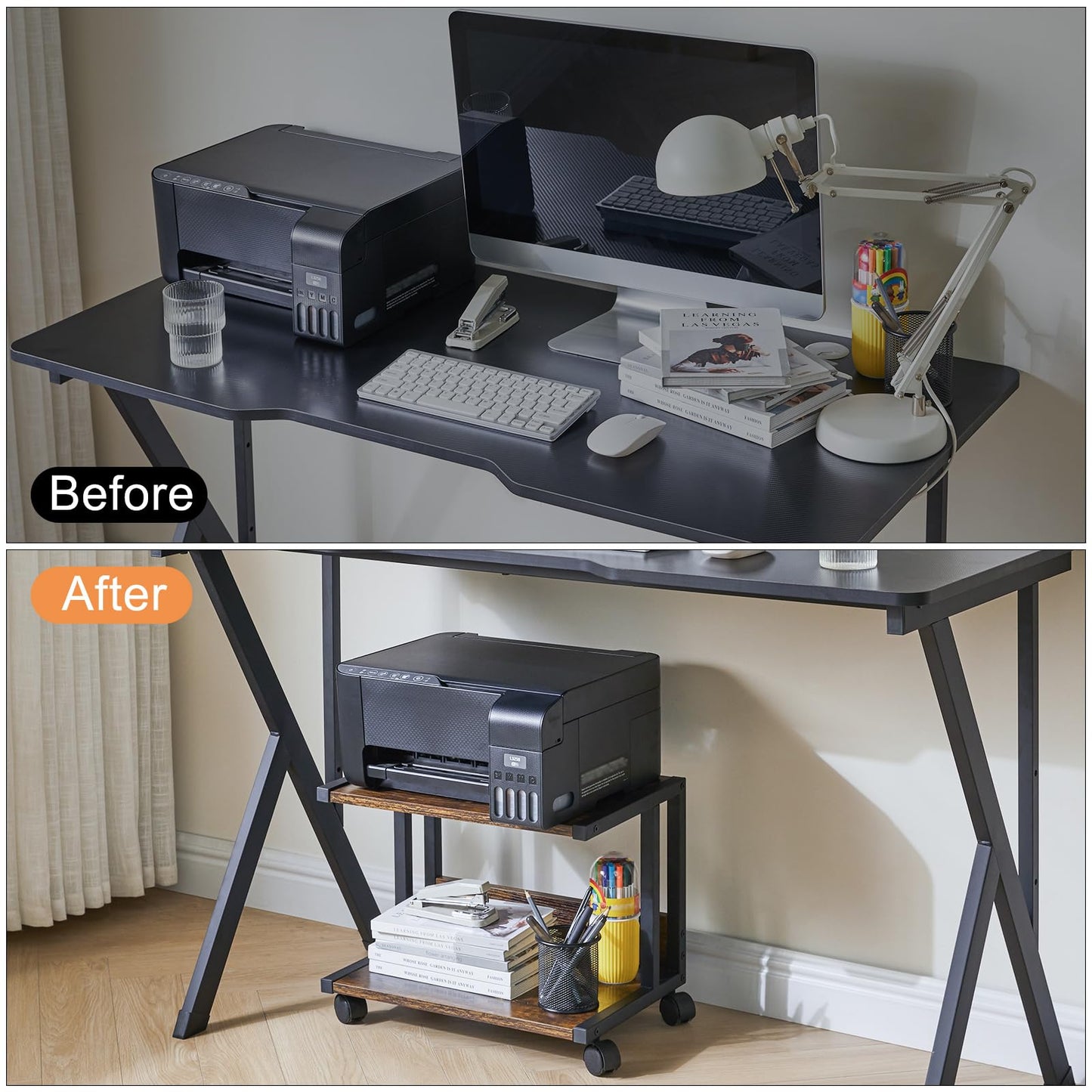 IBUYKE Under Desk Printer Stand,2 Tier Printer Cart,Mobile Home Desktop Organizer Shelf with 4 Wheels,for Fax, Home Office Use，Rustic Brown TLJ007H