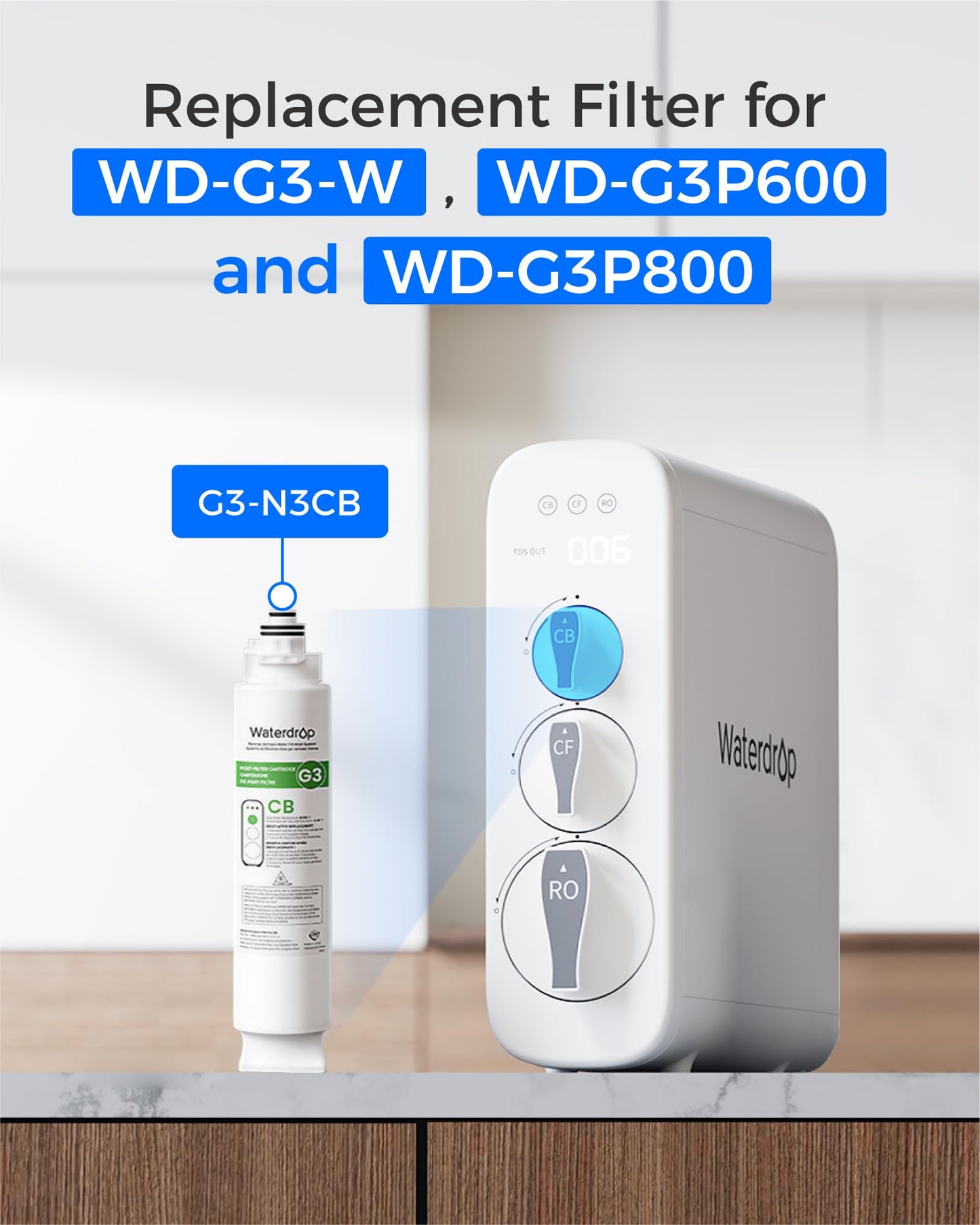 Waterdrop G3-N3CB Filter, Replacement for Waterdrop G3-W & G3P600 & G3P800 Reverse Osmosis System, 12-Month Lifetime